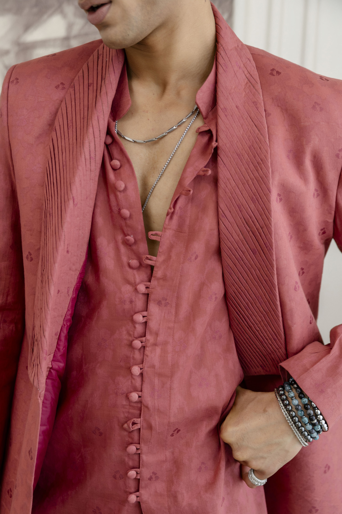 Cotton Jacquard Pintex Kurta Blazer Set In Pink