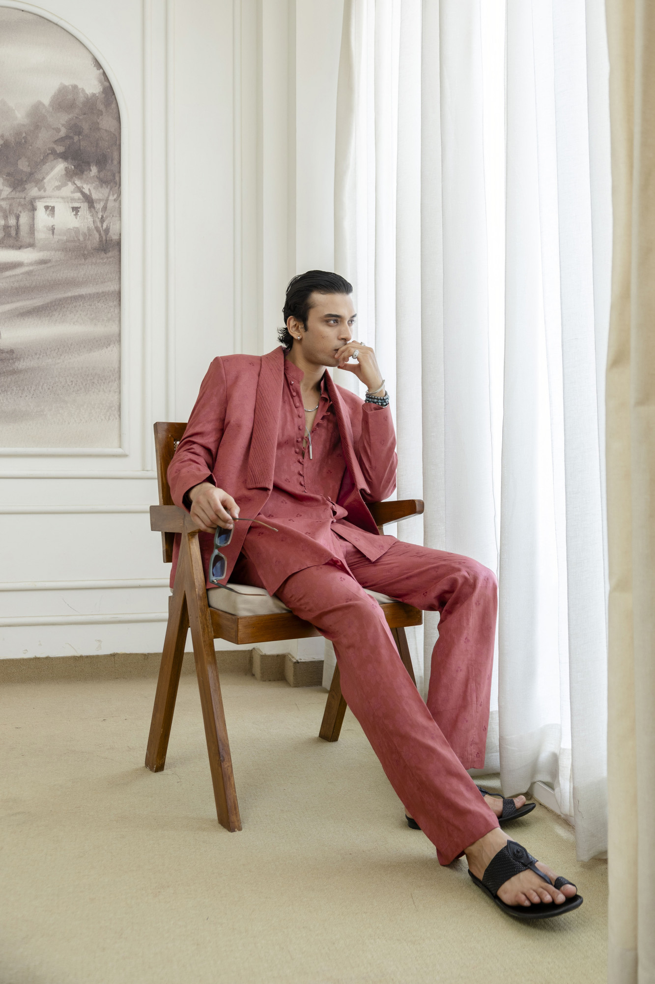 Cotton Jacquard Pintex Kurta Blazer Set In Pink