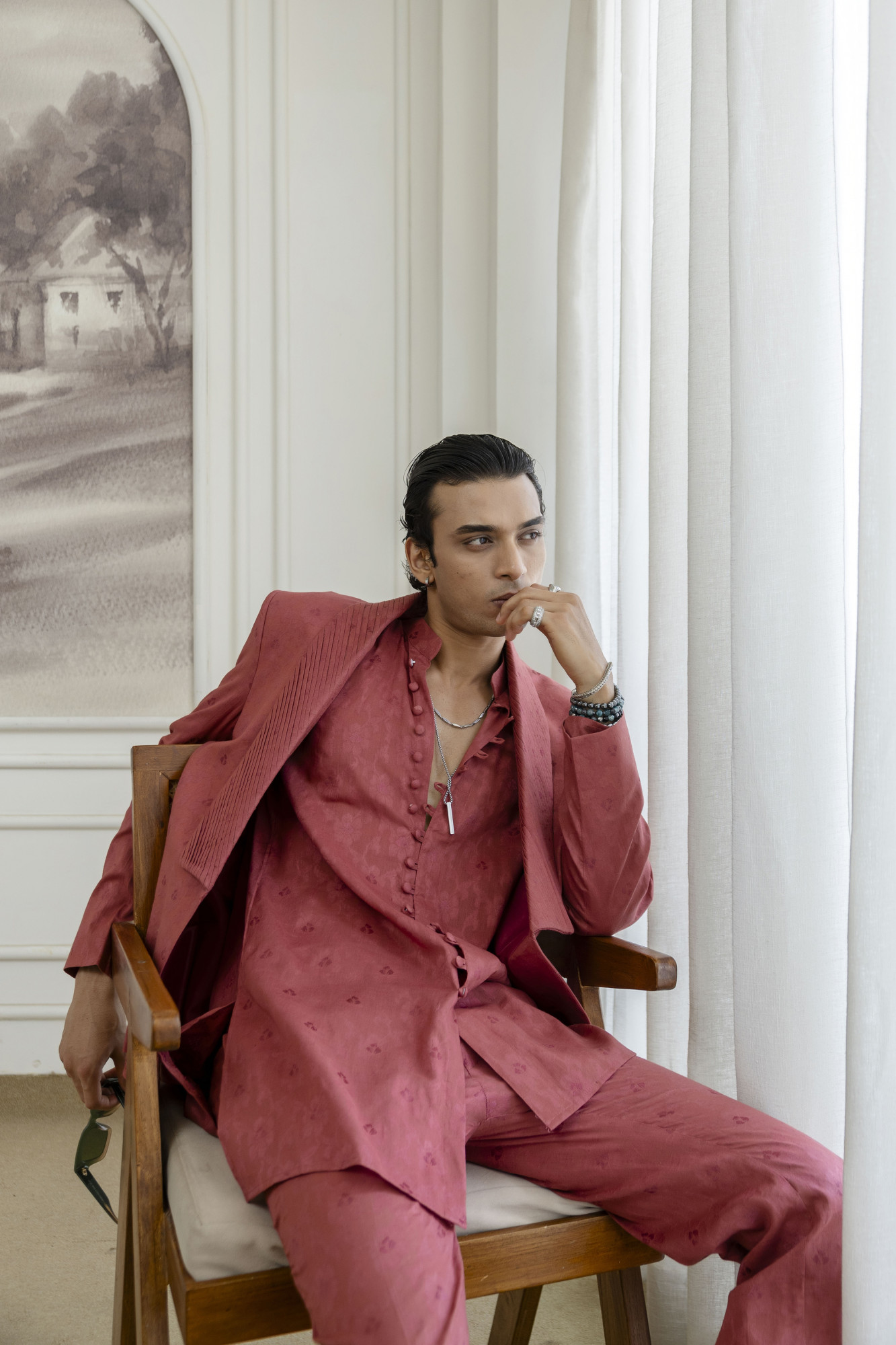 Cotton Jacquard Pintex Kurta Blazer Set In Pink