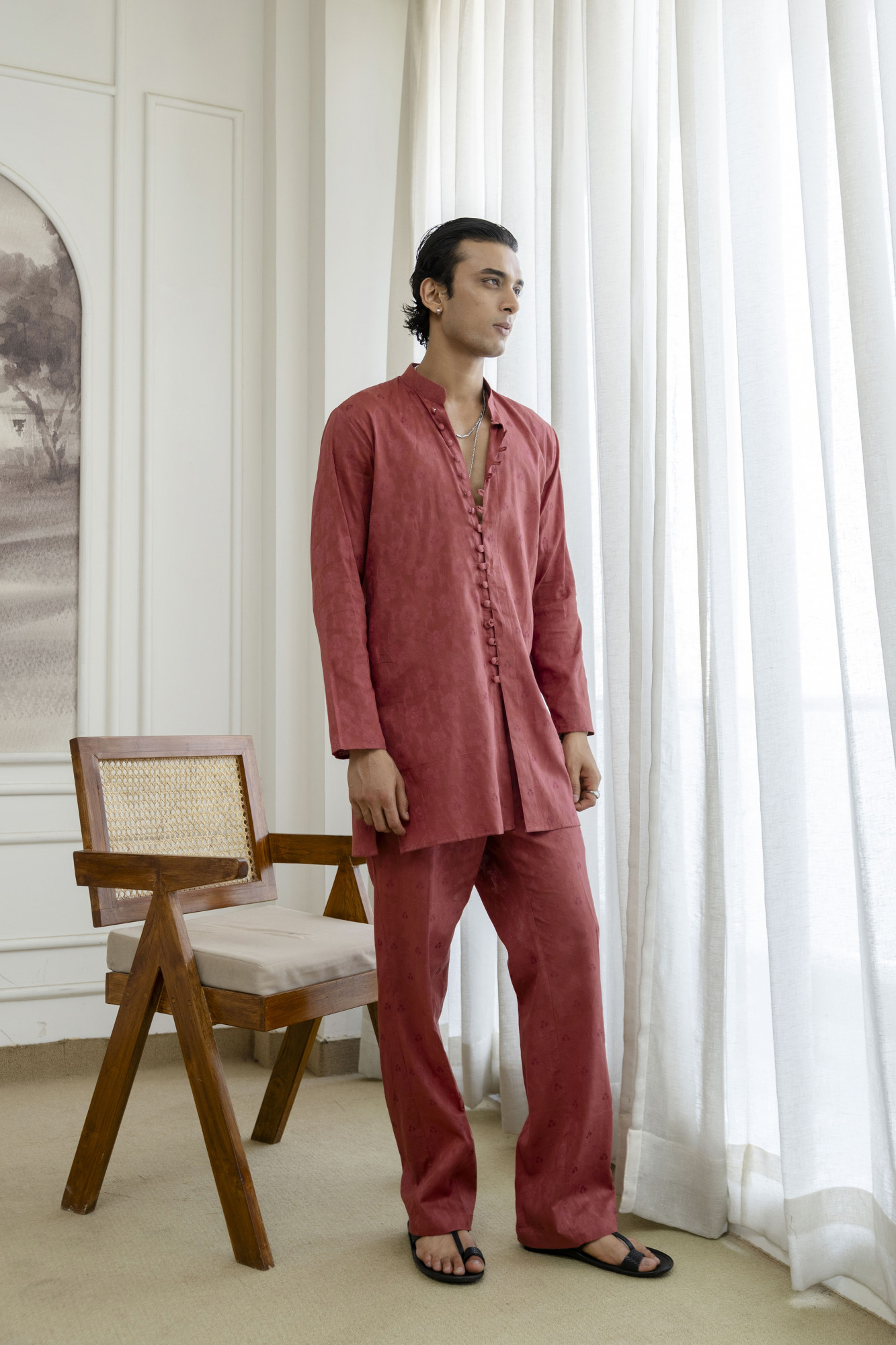 Cotton Jacquard Pintex Kurta Blazer Set In Pink