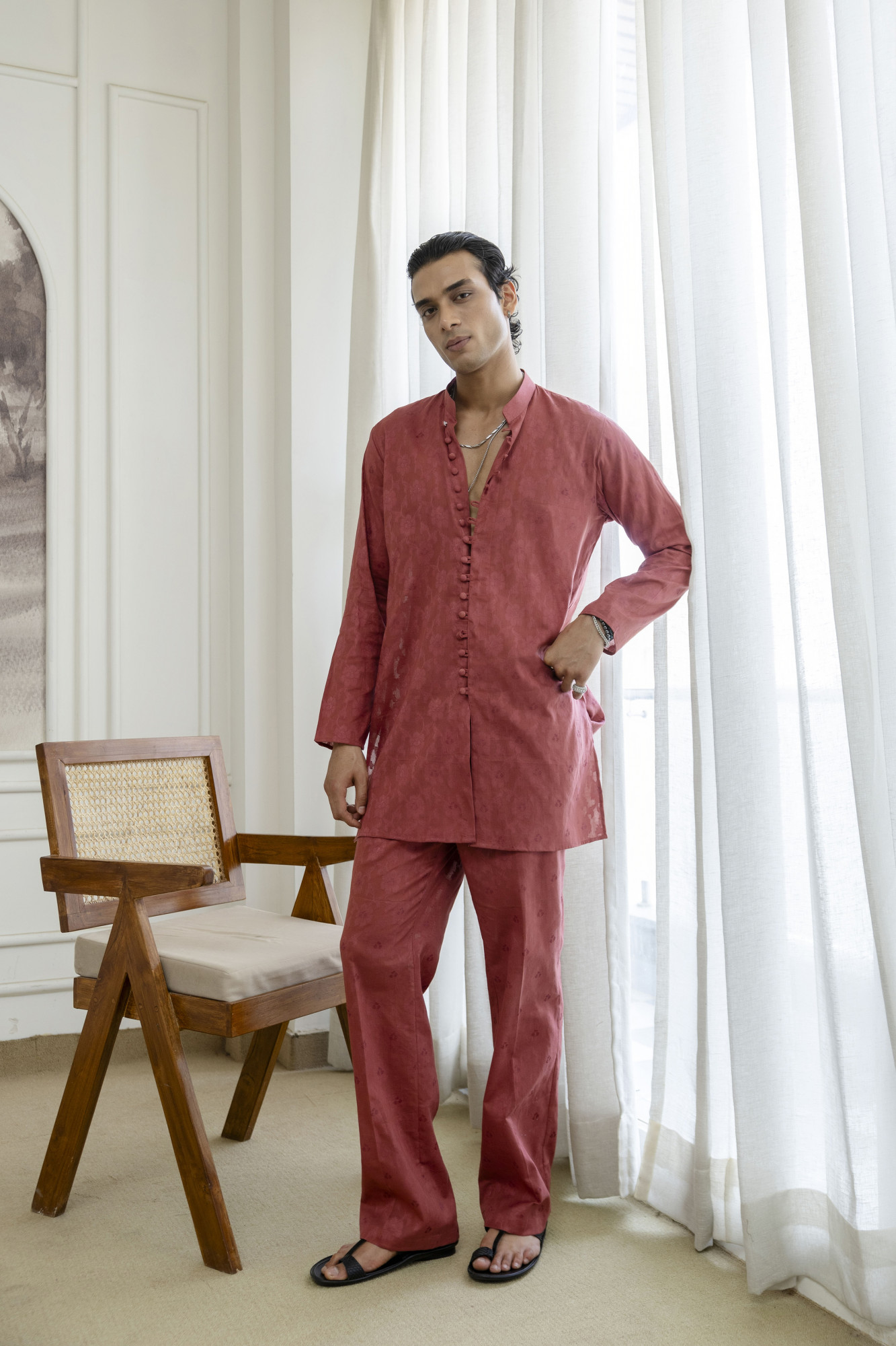 Cotton Jacquard Pintex Kurta Blazer Set In Pink