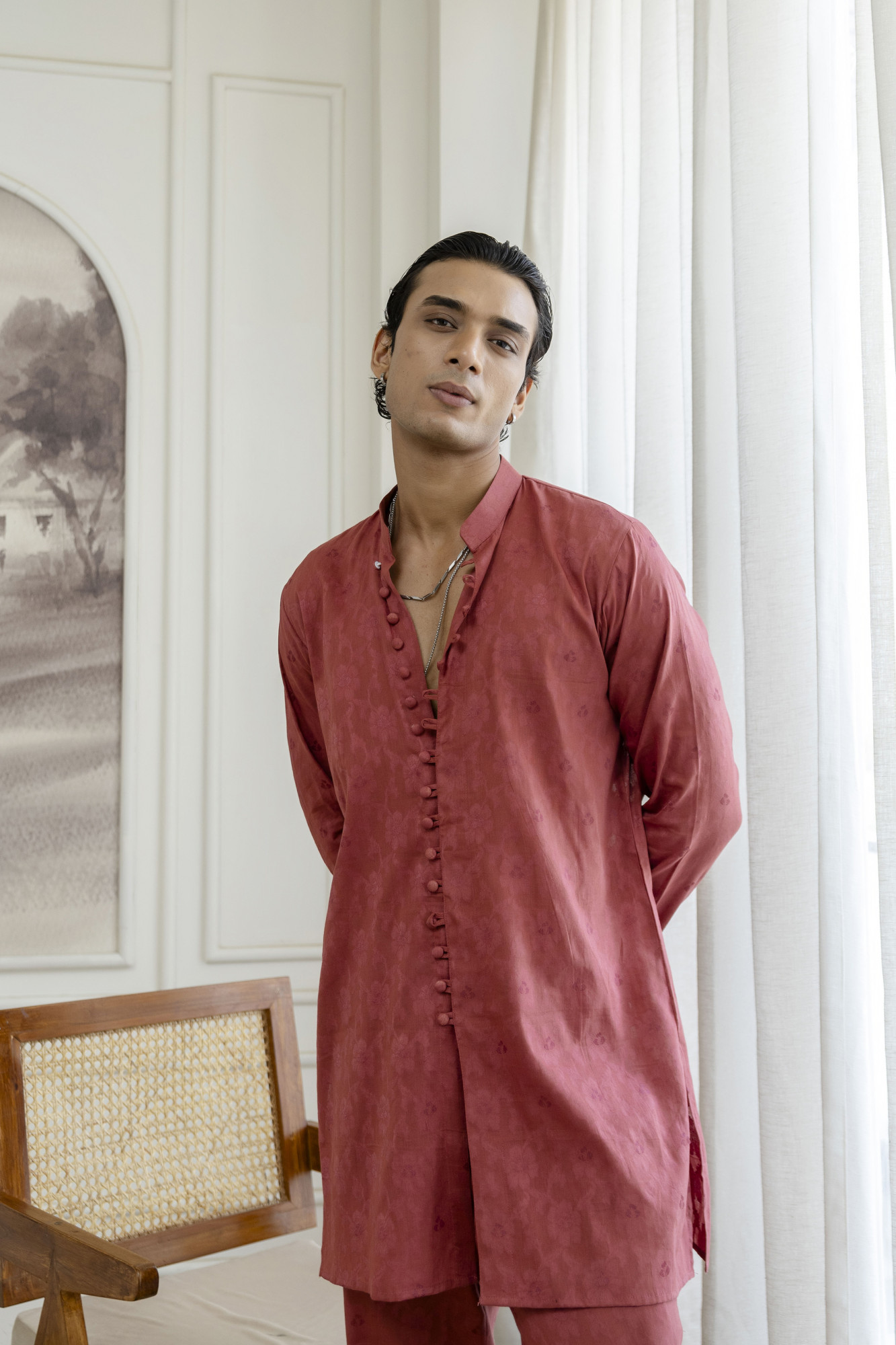 Cotton Jacquard Pintex Kurta Blazer Set In Pink