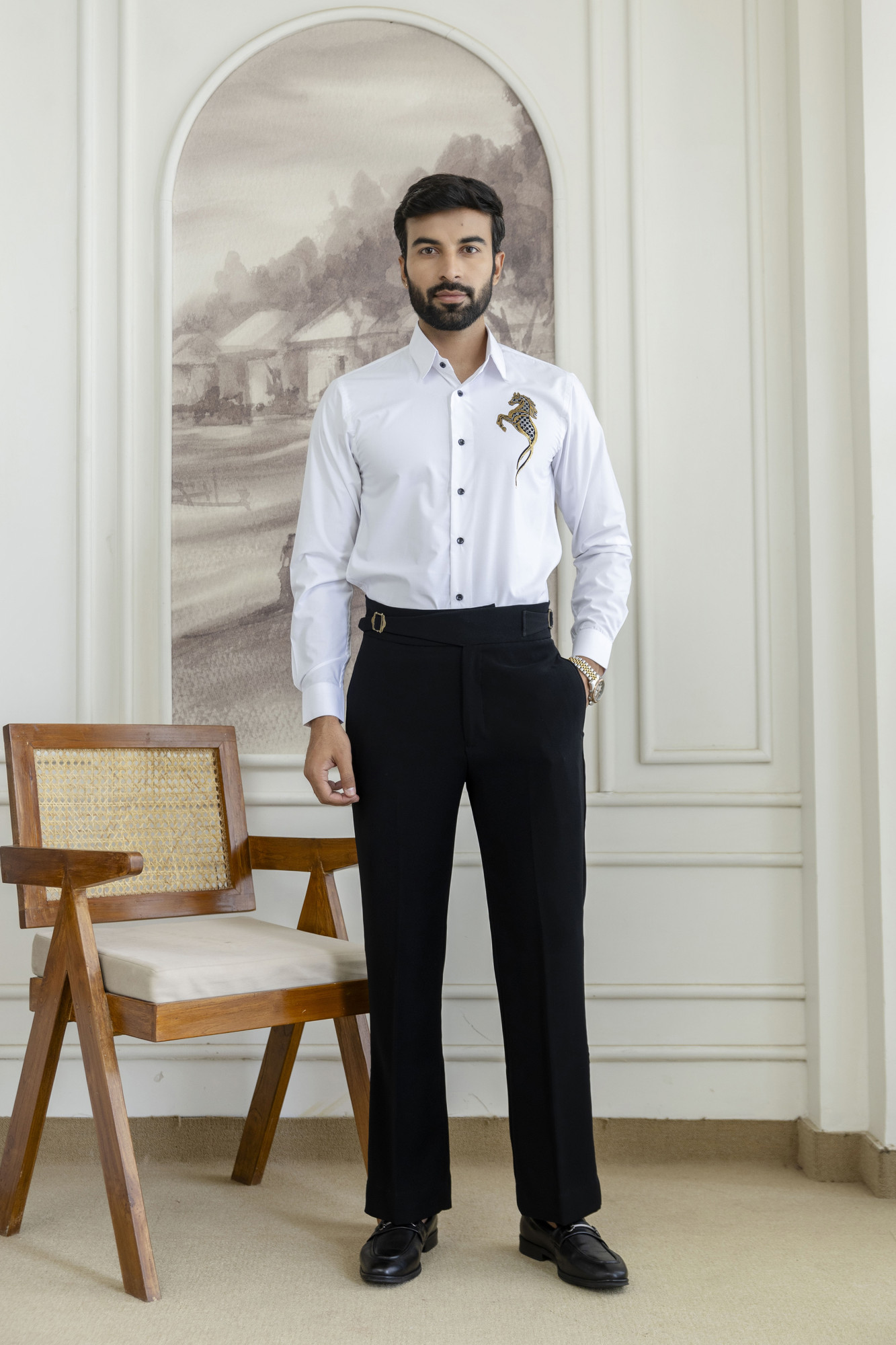 Sea Horse Hotfix Giza Cotton Shirt in White