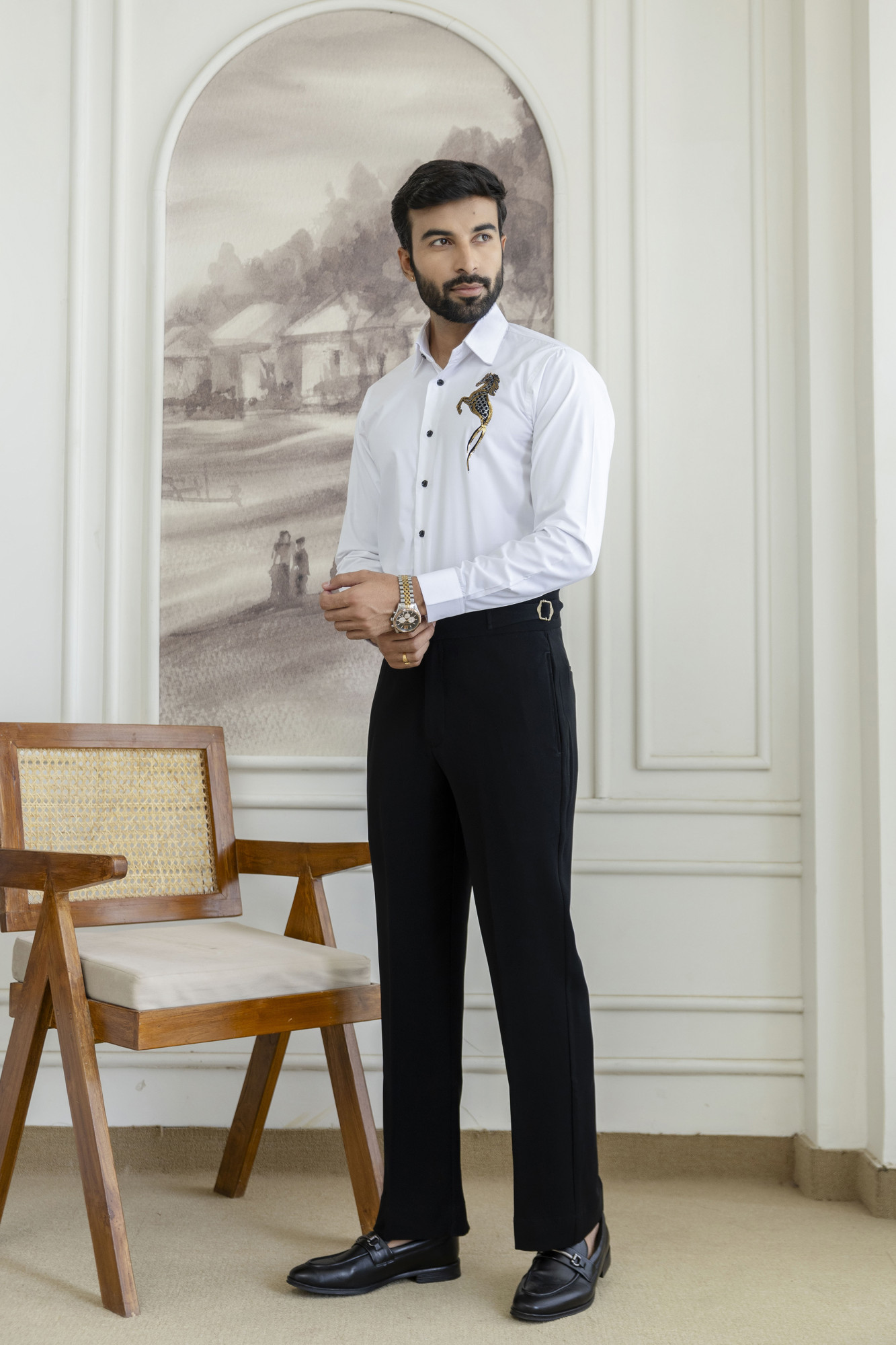 Sea Horse Hotfix Giza Cotton Shirt in White