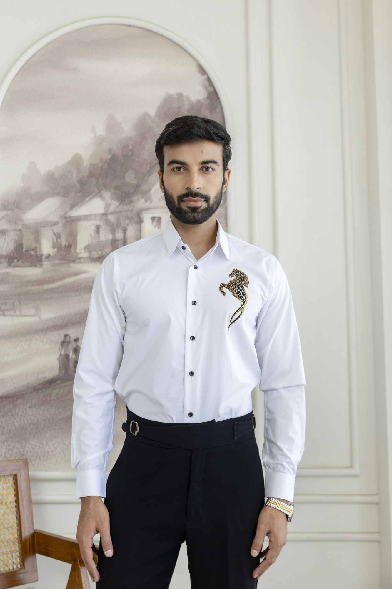 Sea Horse Hotfix Giza Cotton Shirt in White