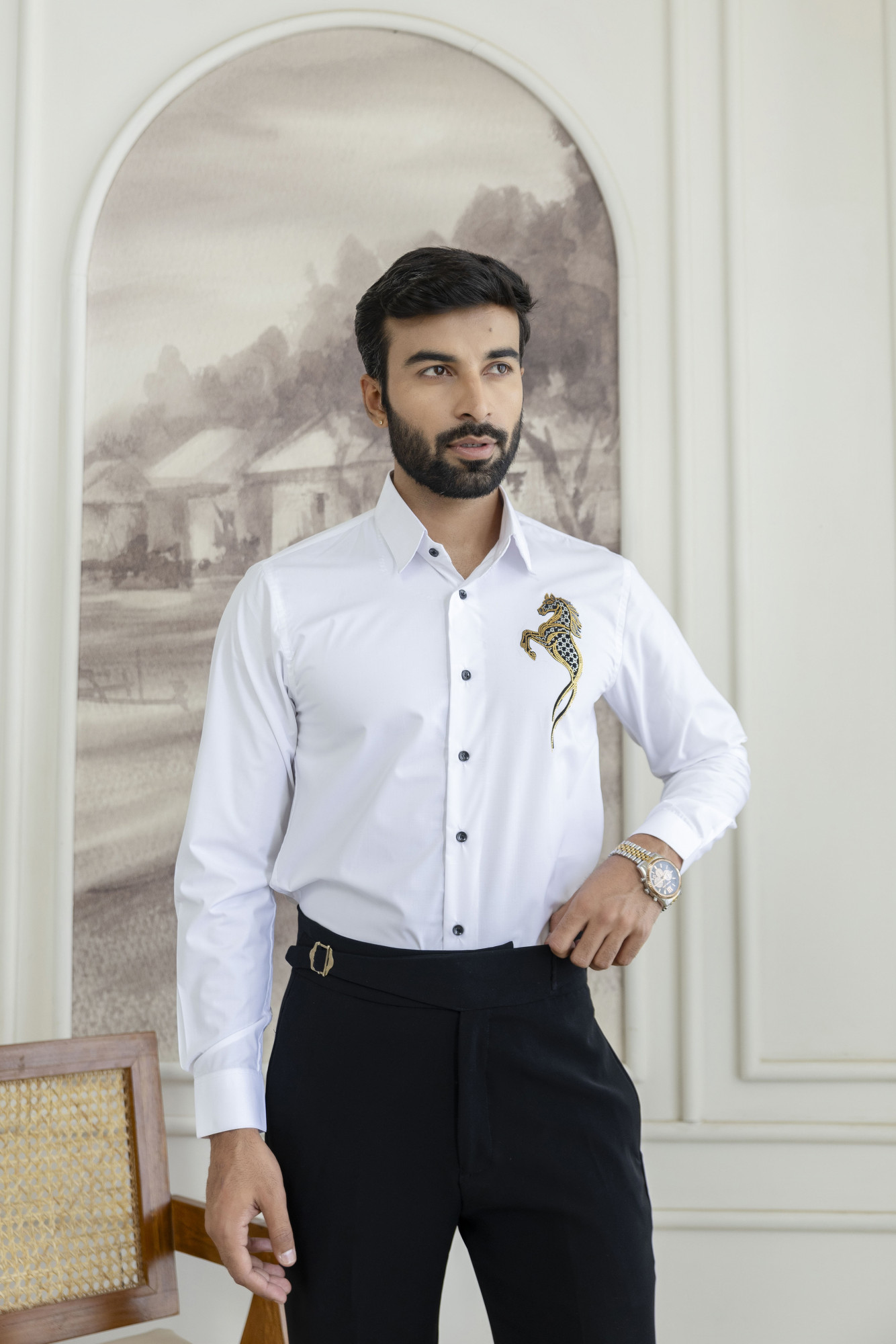 Sea Horse Hotfix Giza Cotton Shirt in White