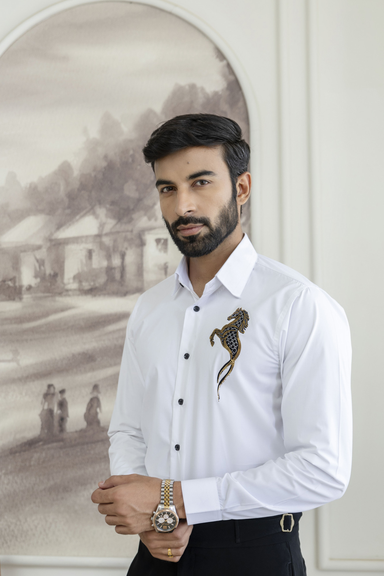 Sea Horse Hotfix Giza Cotton Shirt in White