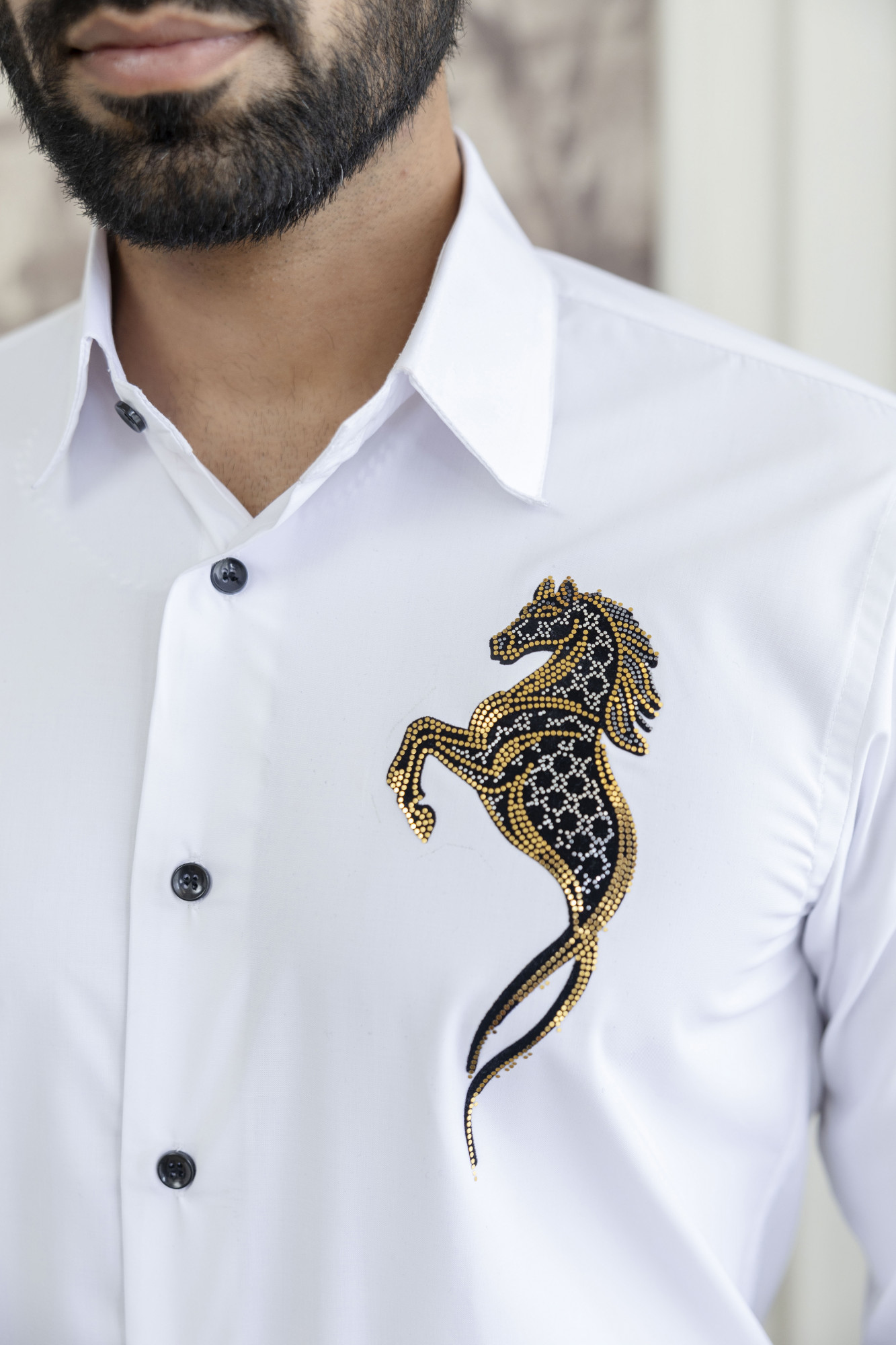 Sea Horse Hotfix Giza Cotton Shirt in White