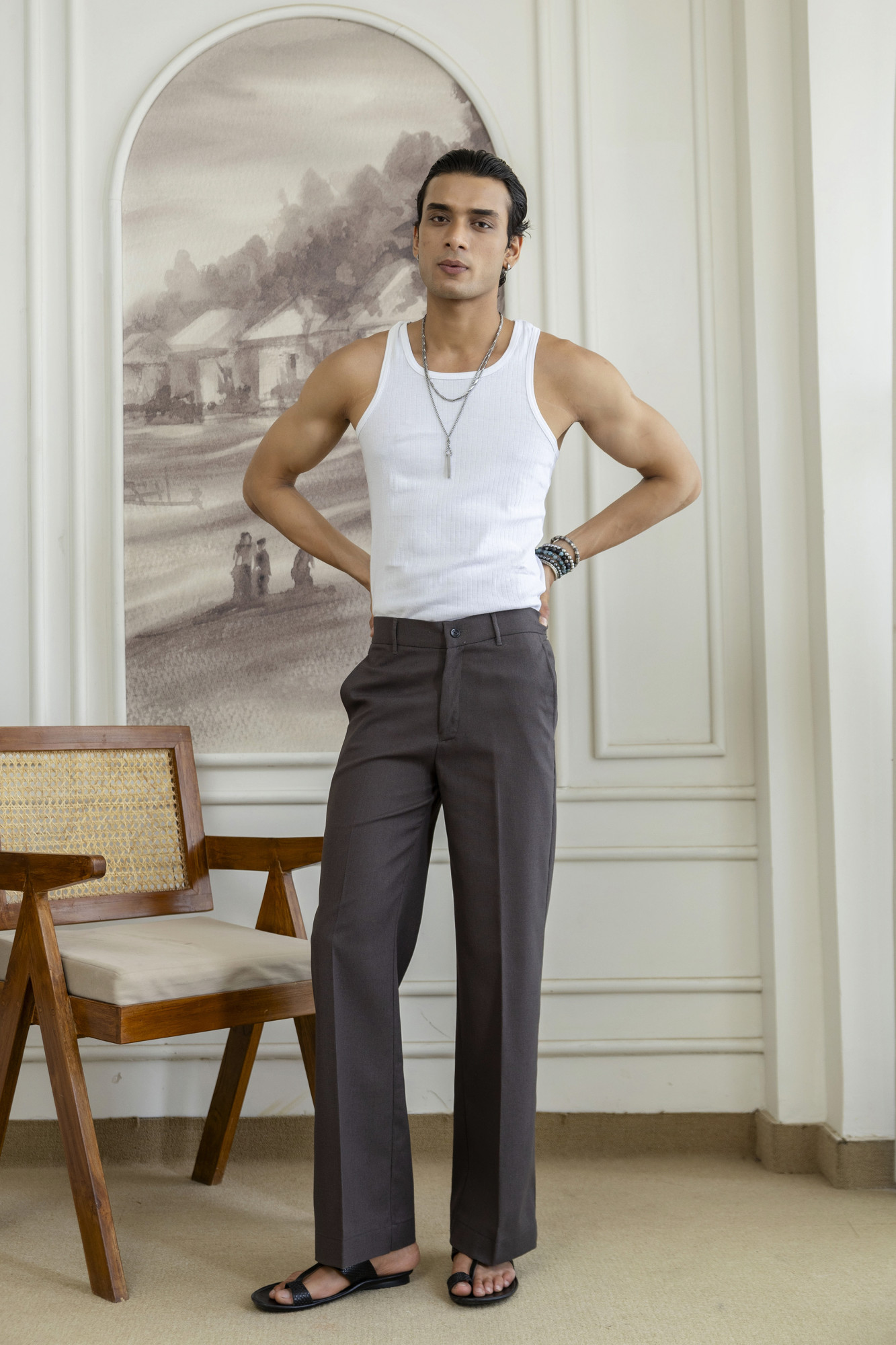 Flared Linen Pants In Dark Grey