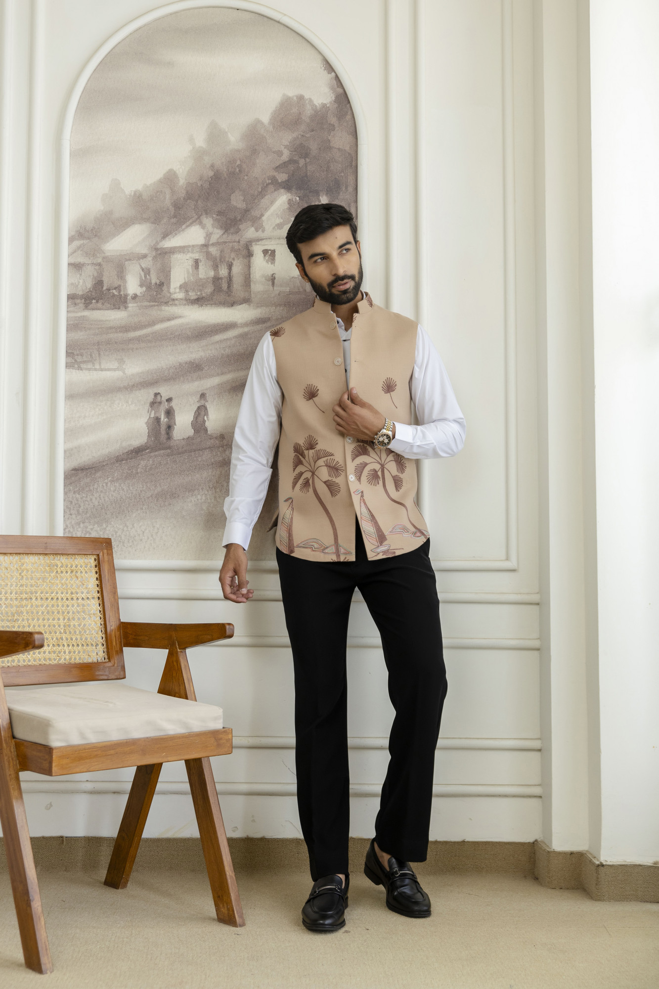 Embroidered Half Jacket In Slub Linen