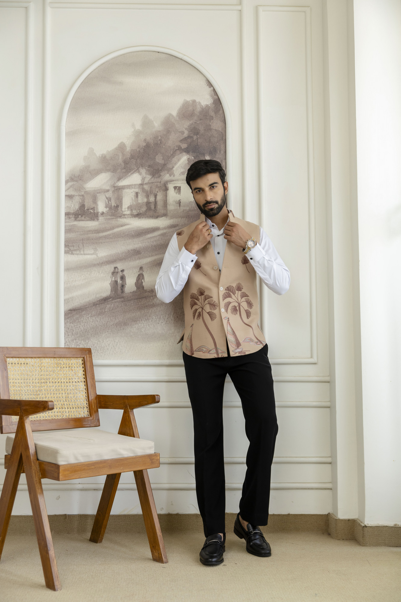 Embroidered Half Jacket In Slub Linen