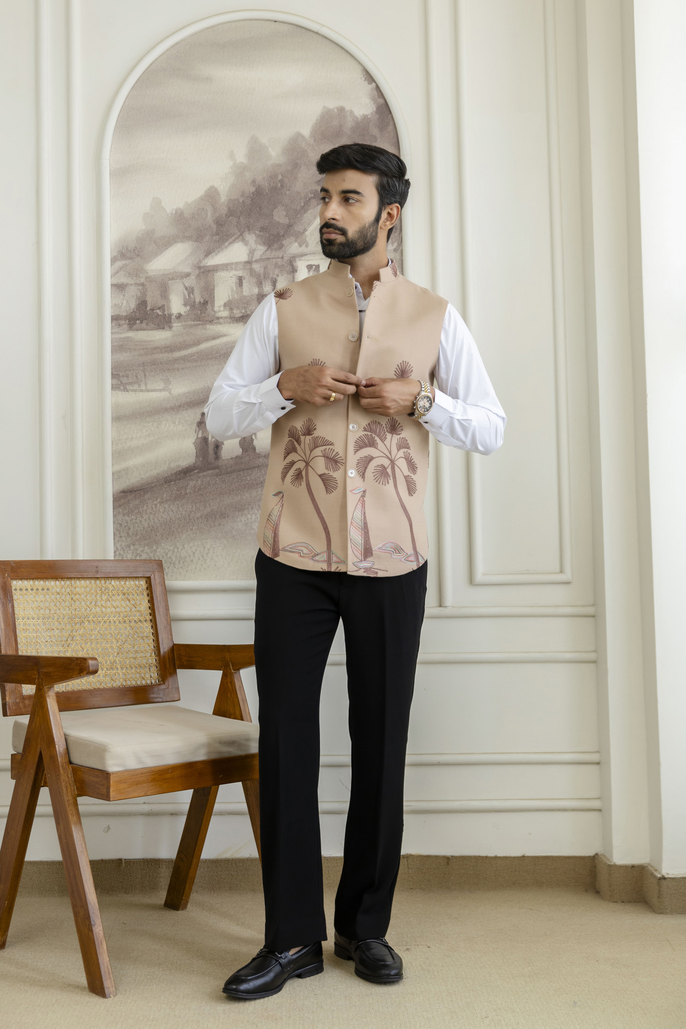 Embroidered Half Jacket In Slub Linen