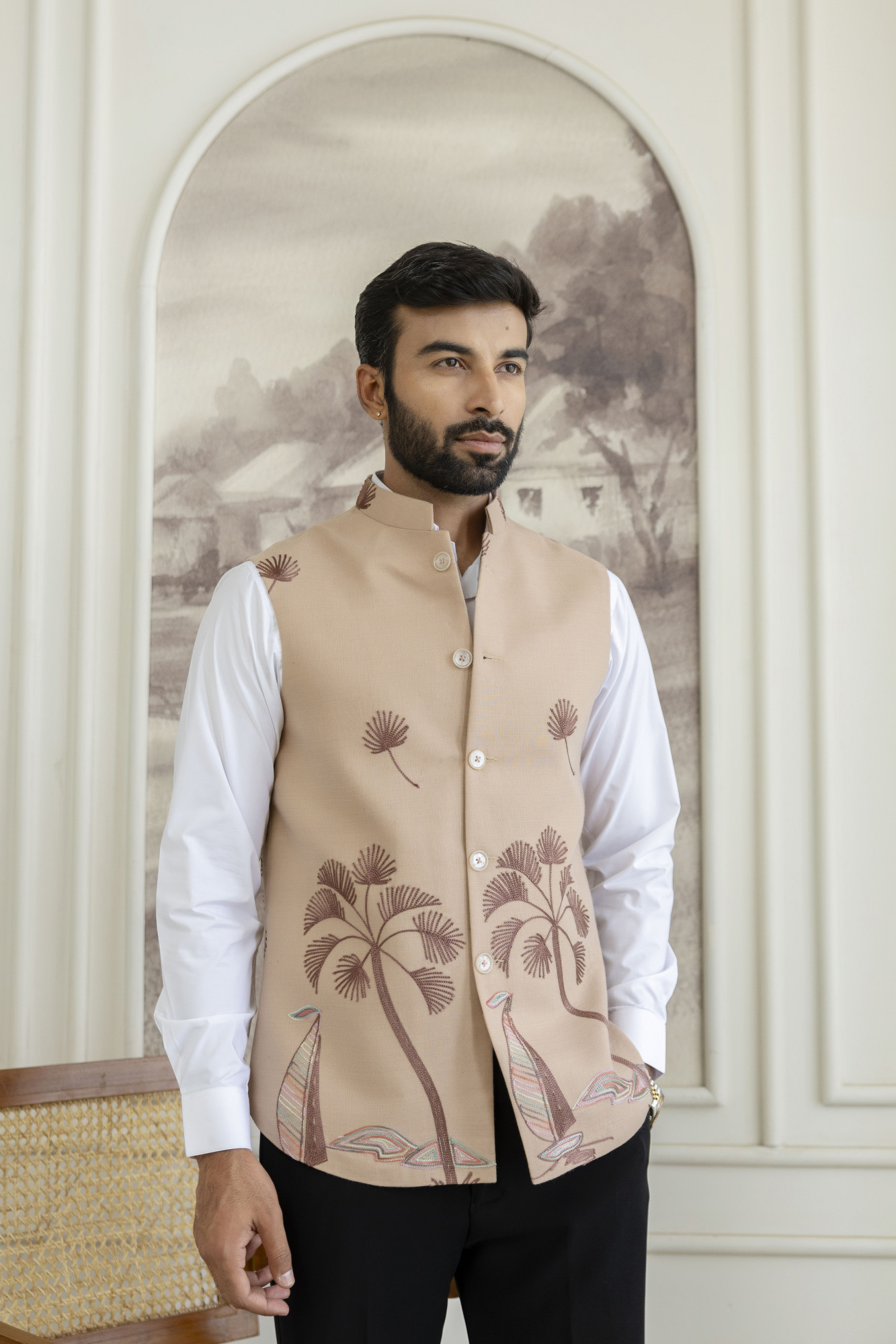 Embroidered Half Jacket In Slub Linen
