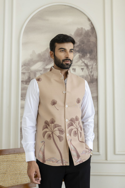 Embroidered Half Jacket In Slub Linen