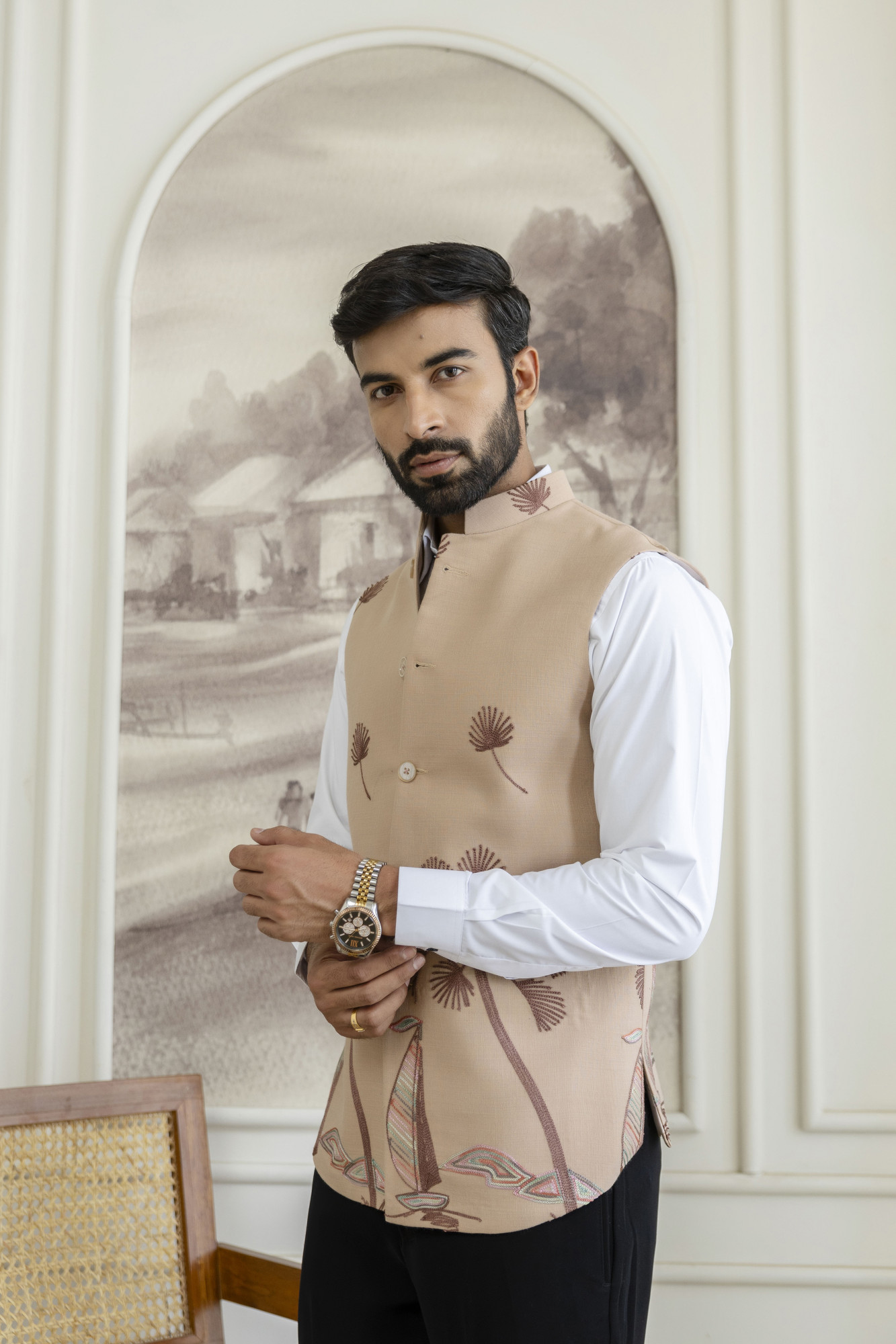 Embroidered Half Jacket In Slub Linen