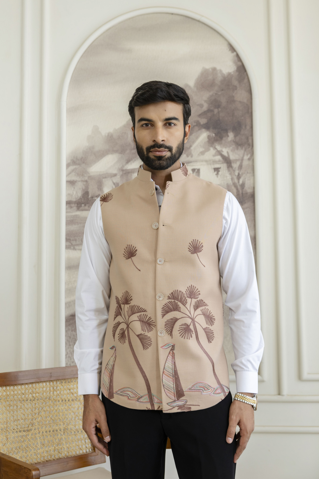 Embroidered Half Jacket In Slub Linen