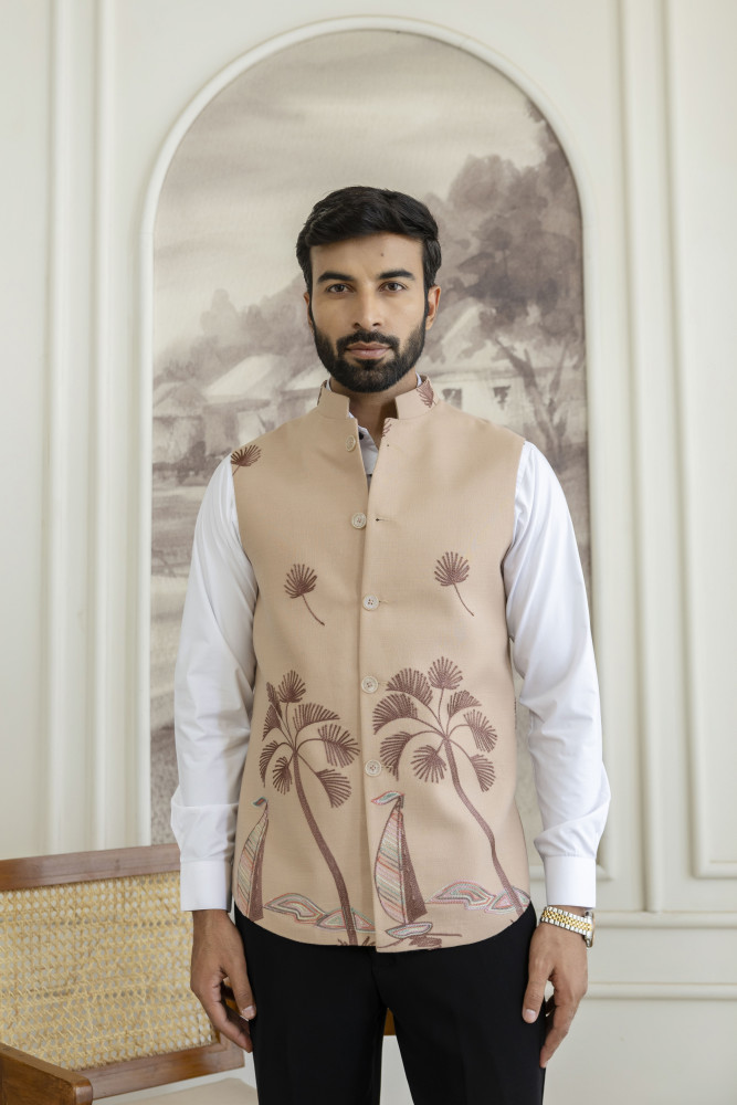 Image of Embroidered Half Jacket In Slub Linen