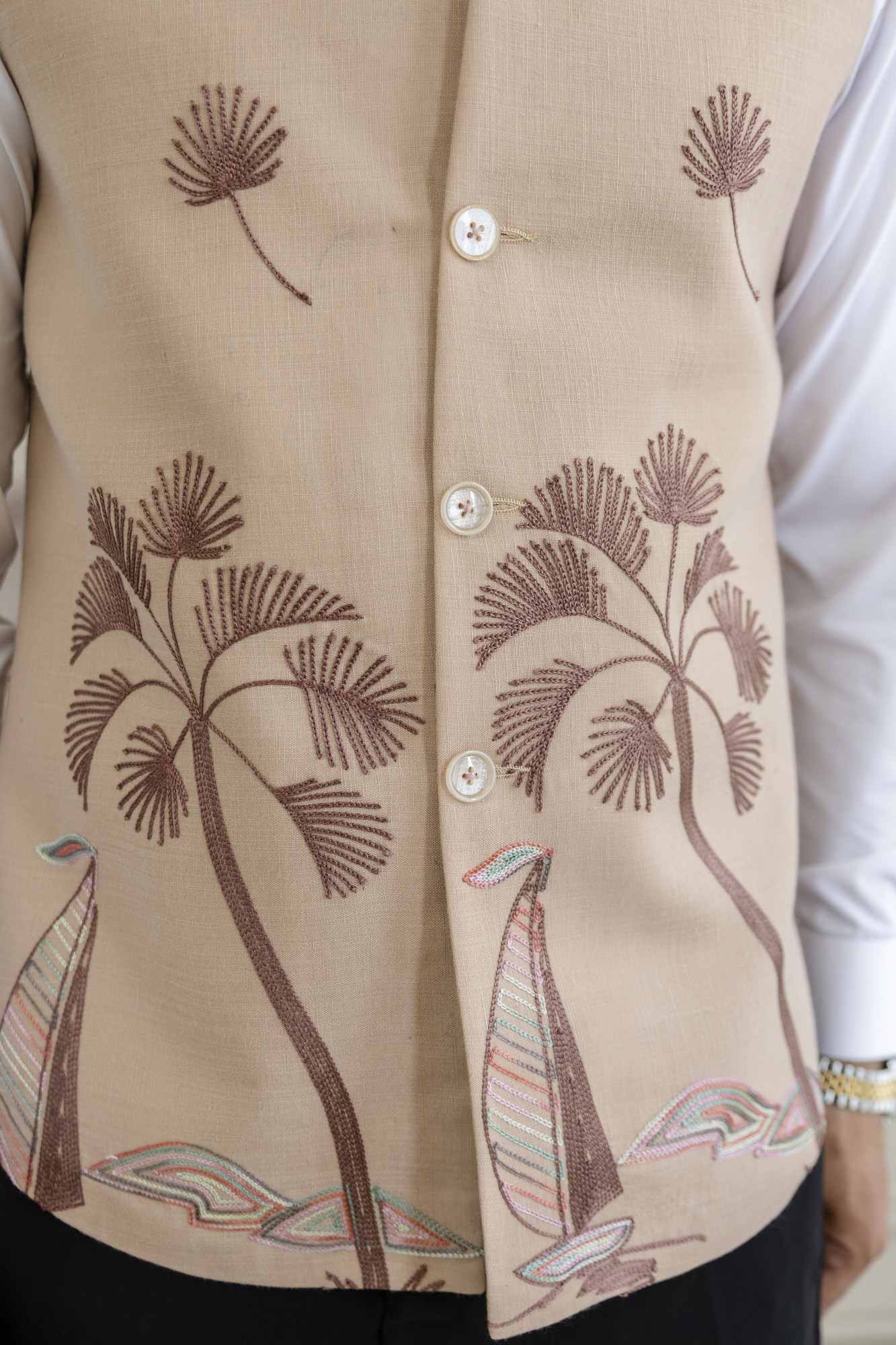 Embroidered Half Jacket In Slub Linen