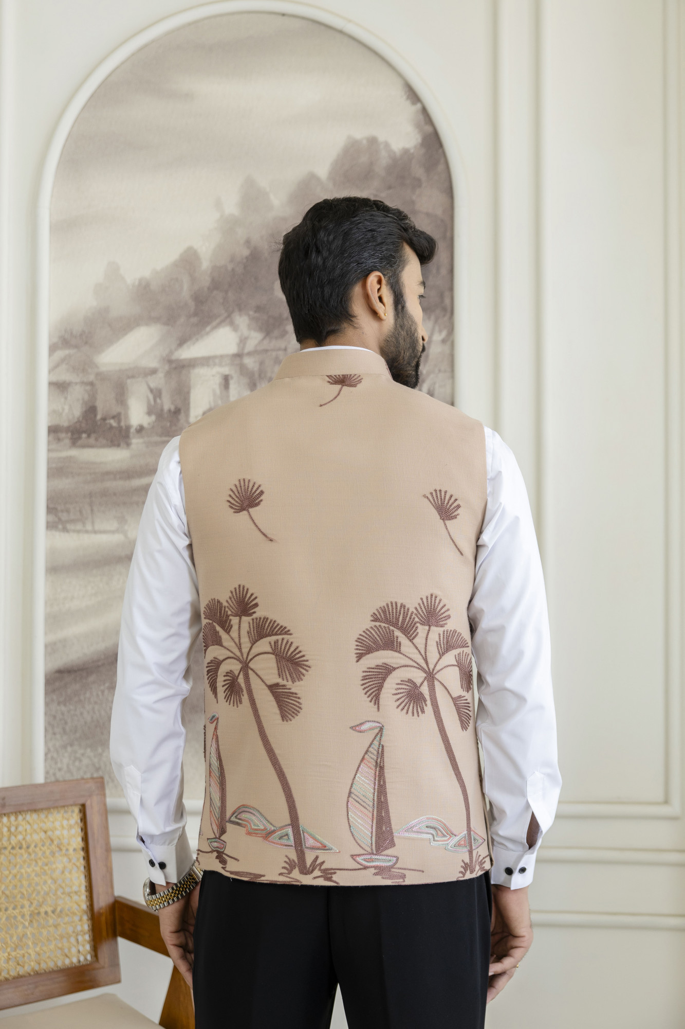 Embroidered Half Jacket In Slub Linen