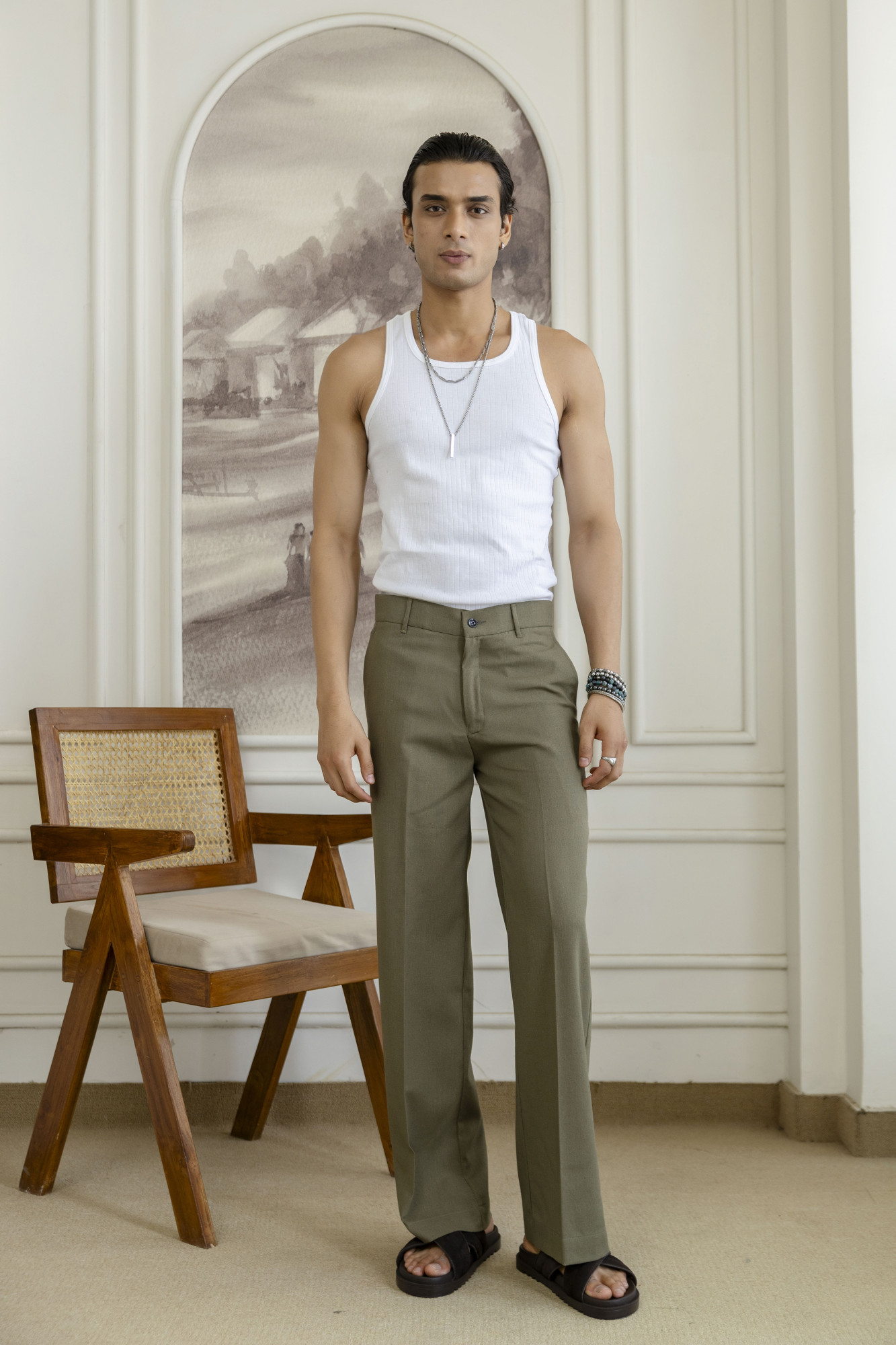 Flared Linen Pants In Olive