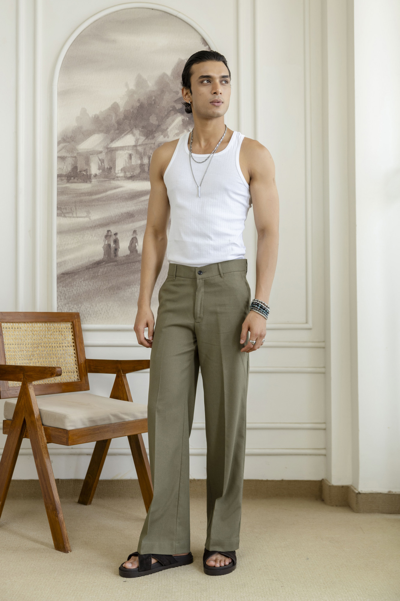 Flared Linen Pants In Olive