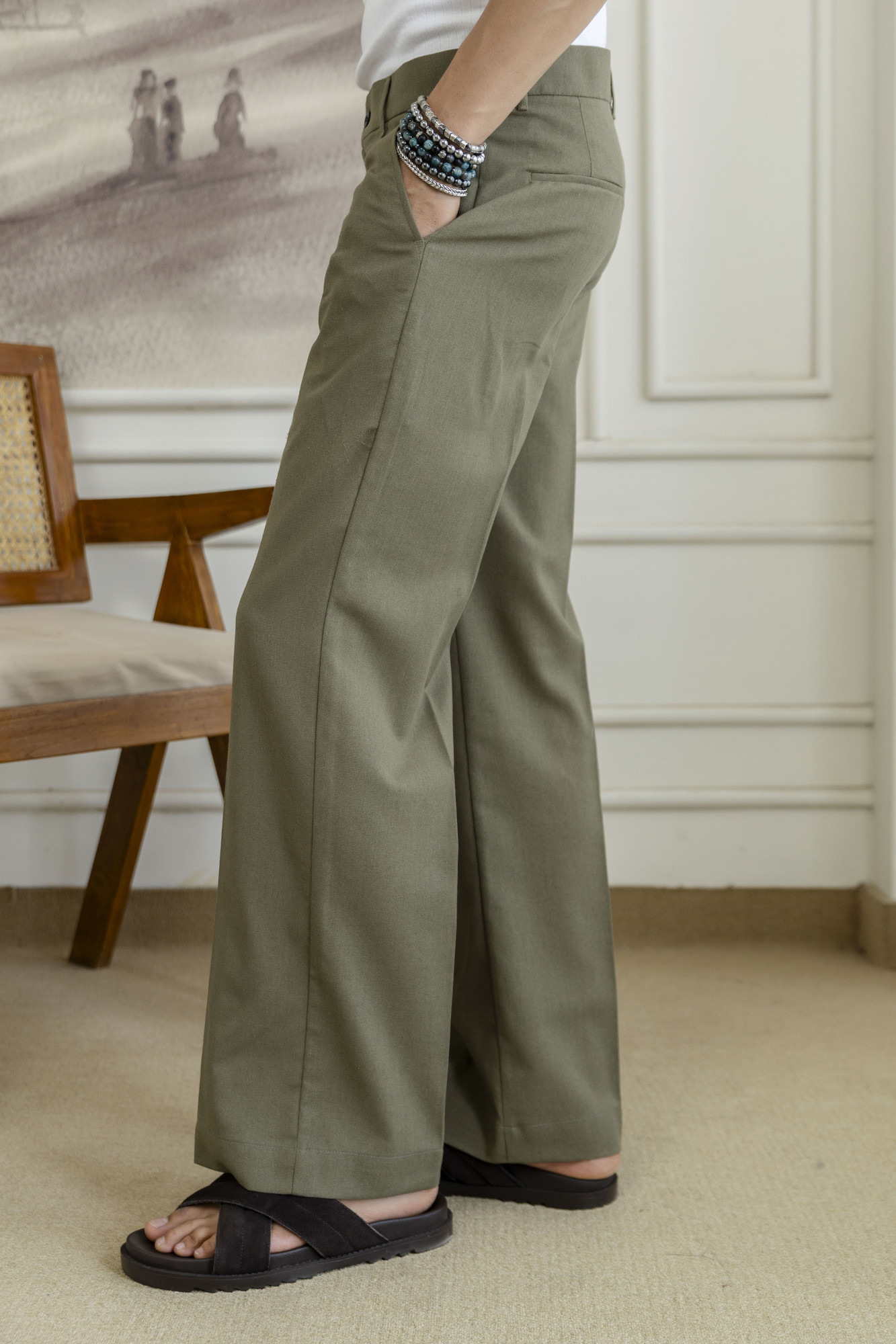Flared Linen Pants In Olive