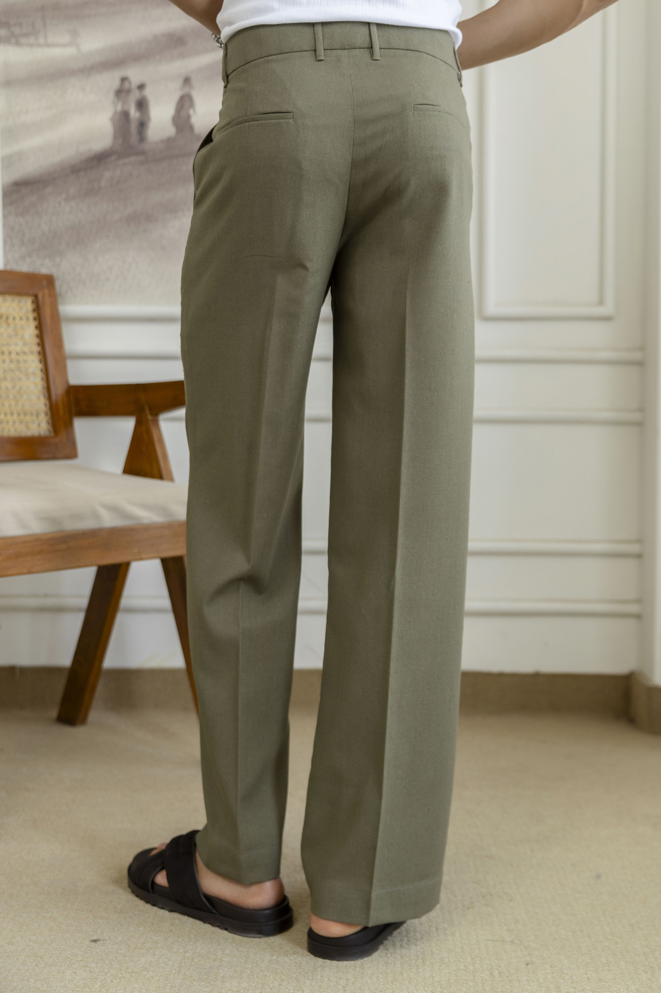 Flared Linen Pants In Olive