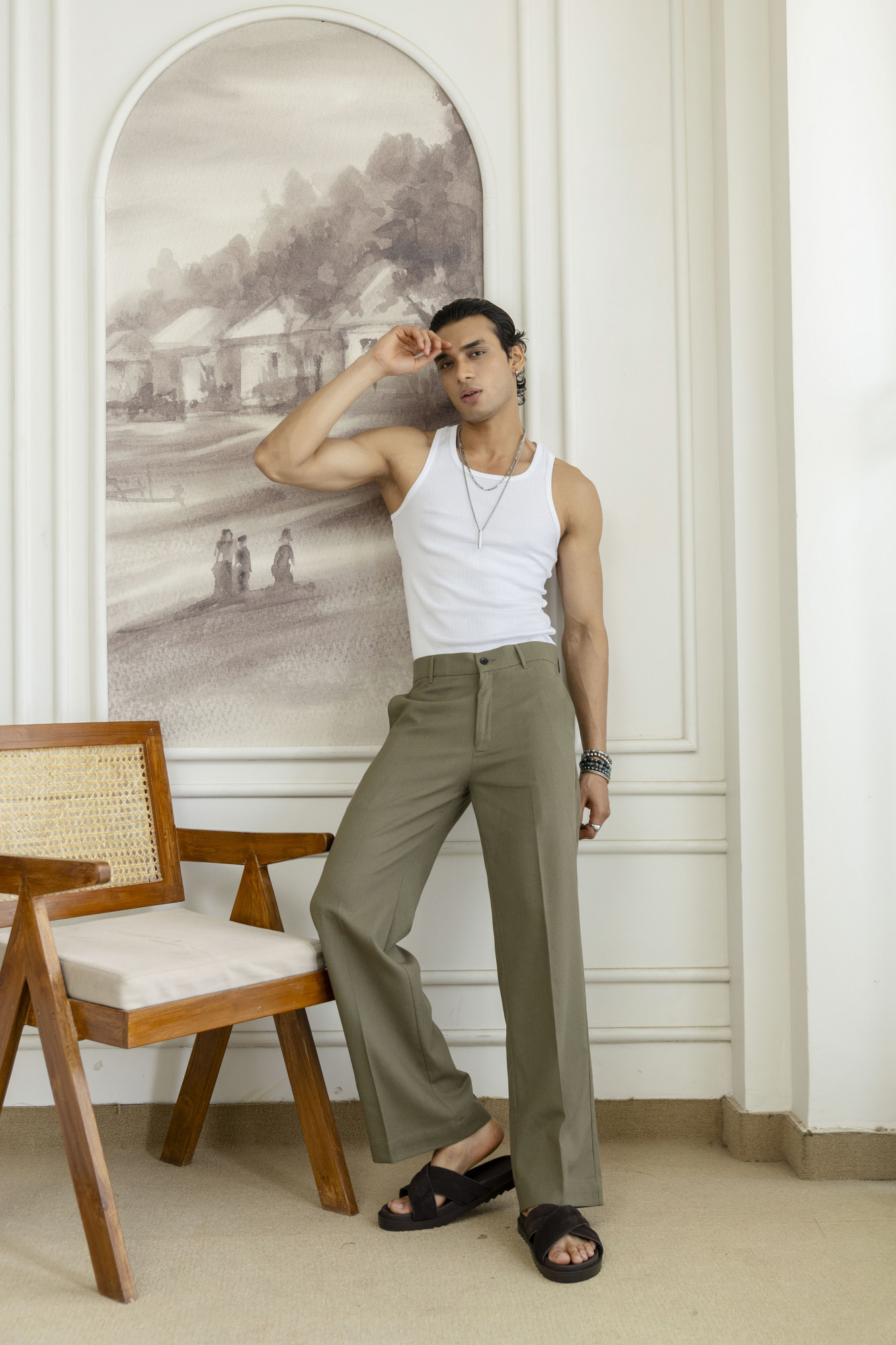 Flared Linen Pants In Olive