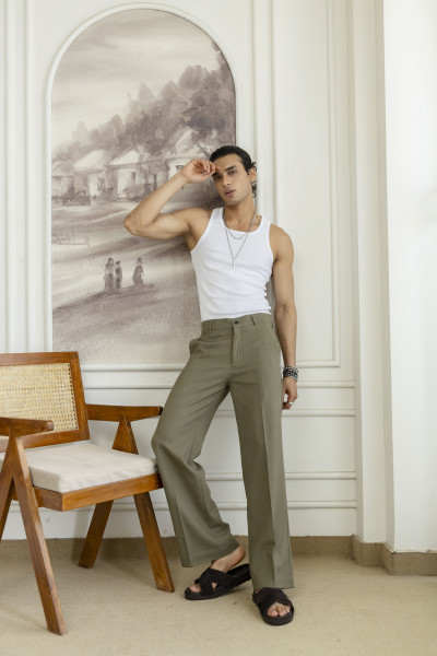 Flared Linen Pants In Olive