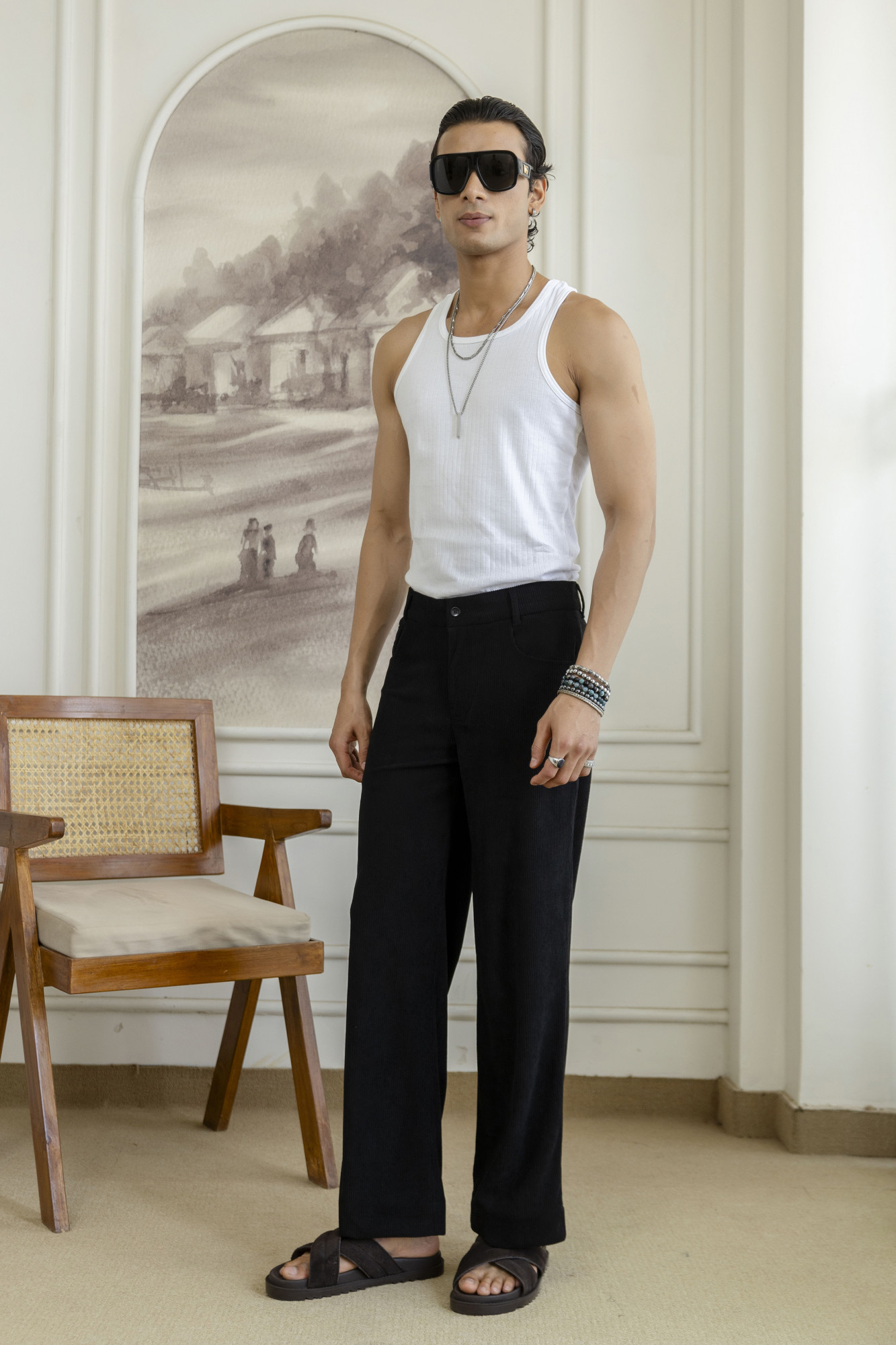 Corduroy Wide Leg Flared Pants In Black