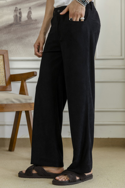 Corduroy Wide Leg Flared Pants In Black