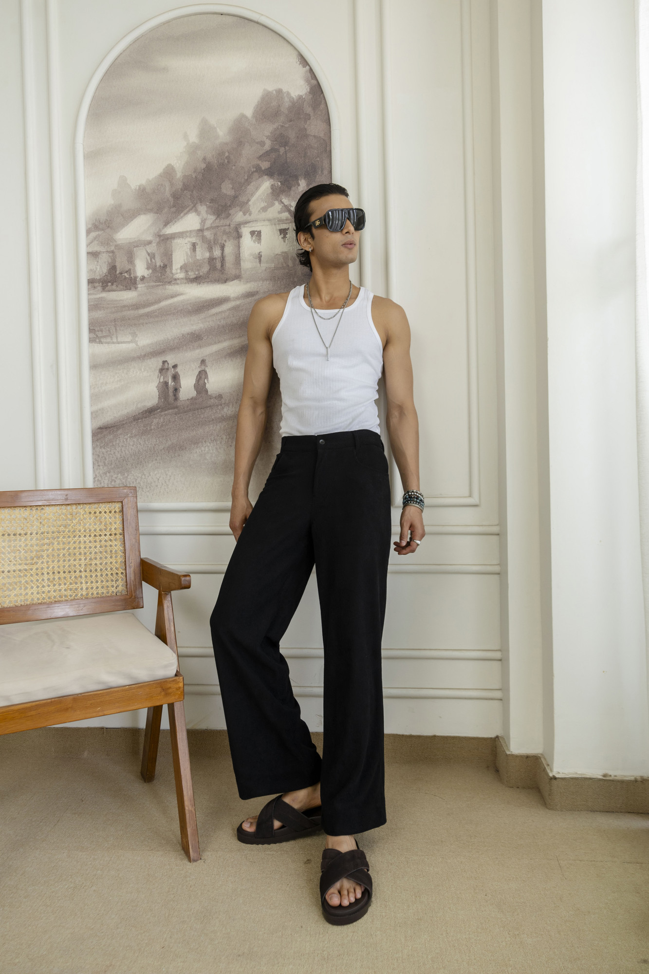Corduroy Wide Leg Flared Pants In Black