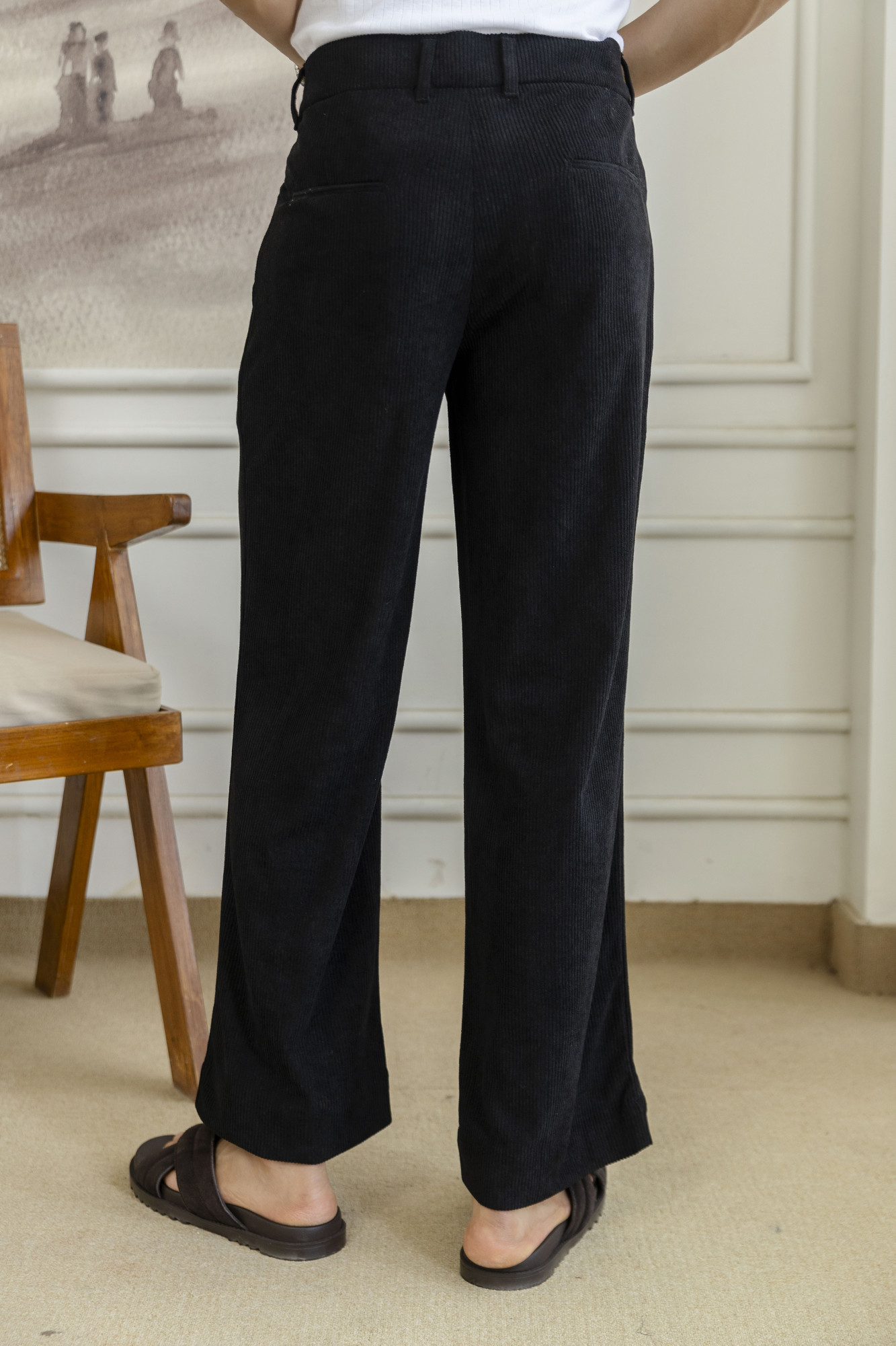 Corduroy Wide Leg Flared Pants In Black