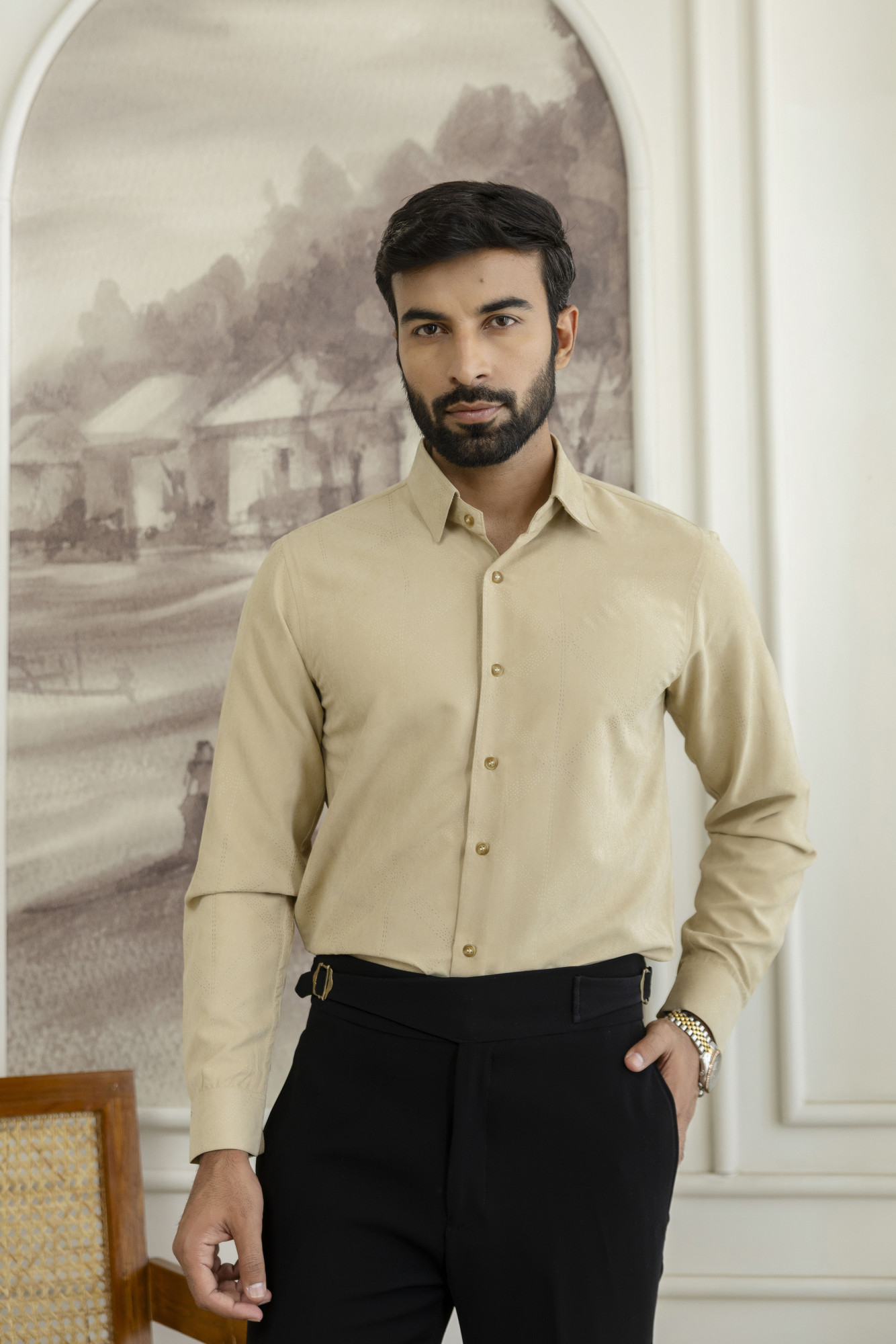 Laser Velvet Formal Shirt in Beige