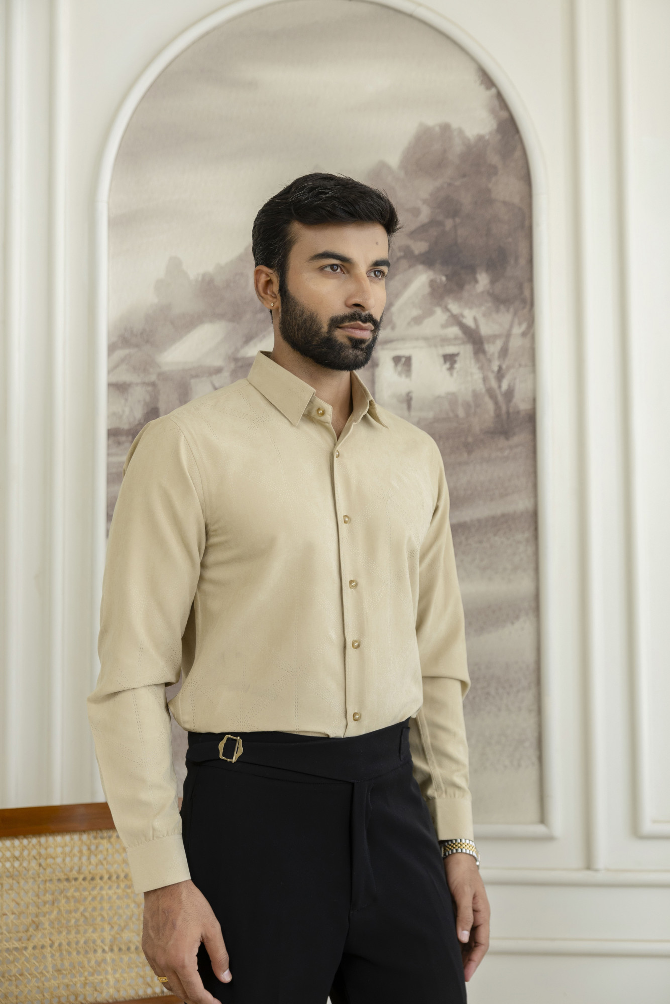 Laser Velvet Formal Shirt in Beige