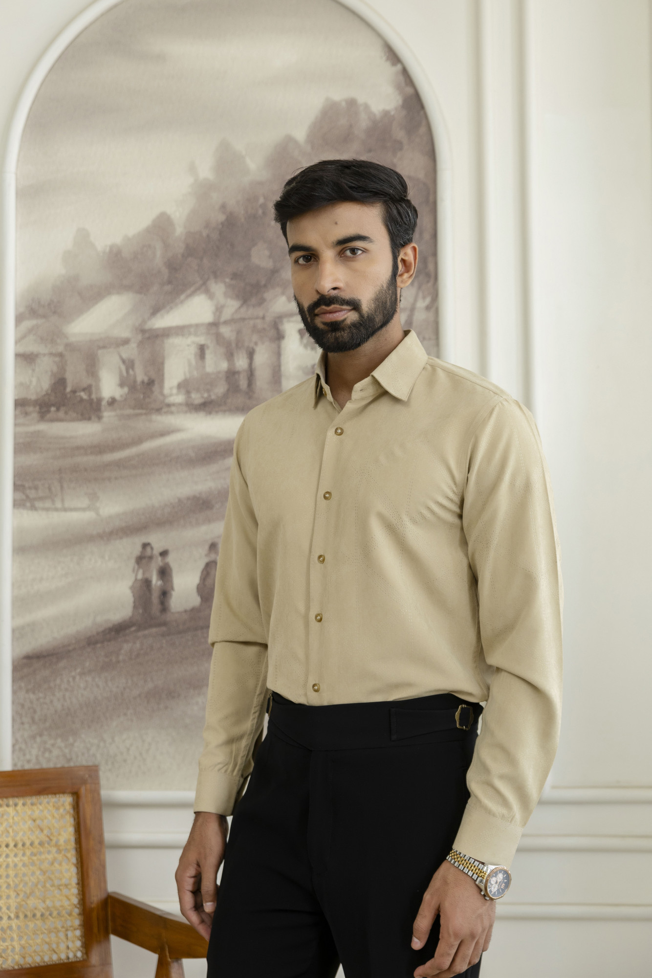 Laser Velvet Formal Shirt in Beige
