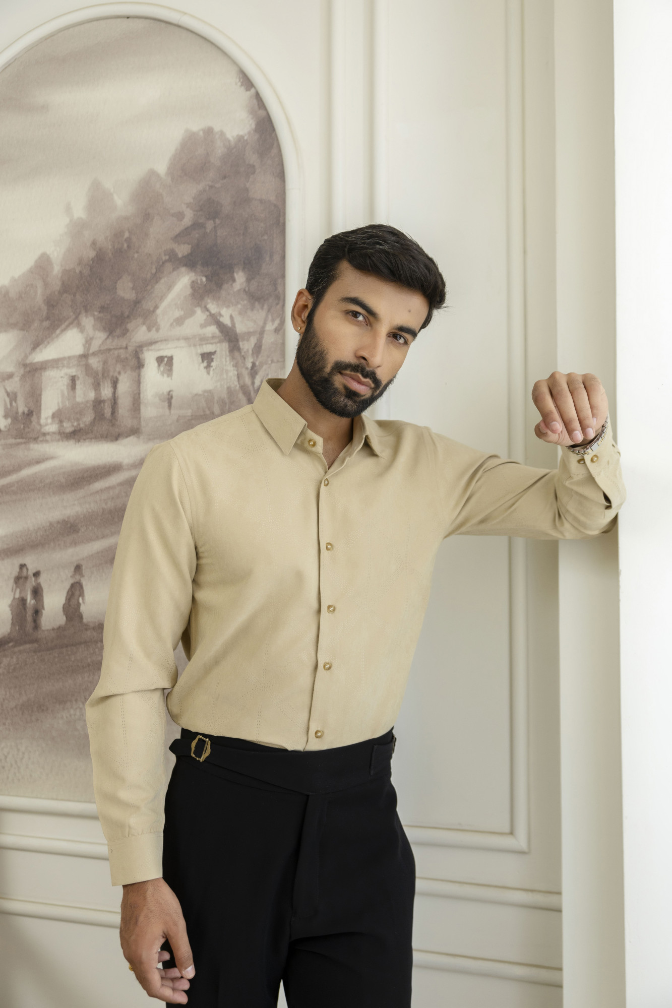 Laser Velvet Formal Shirt in Beige