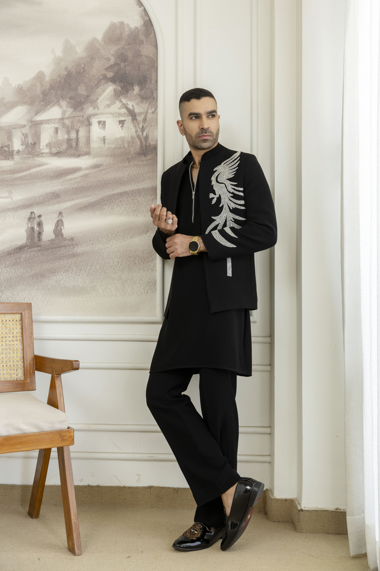 Stone Work Open Bandhgala Jacket In Black