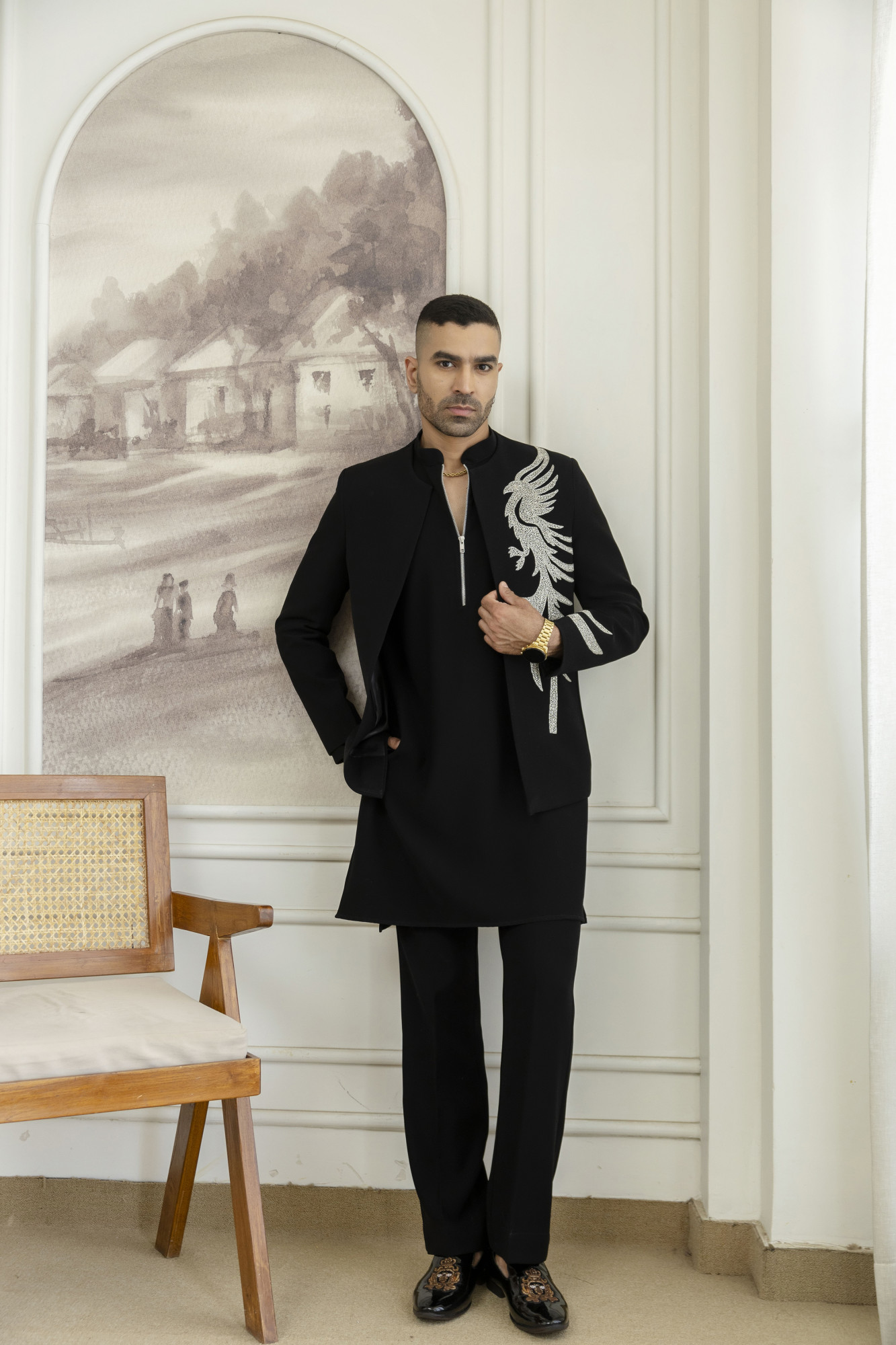 Stone Work Open Bandhgala Jacket In Black