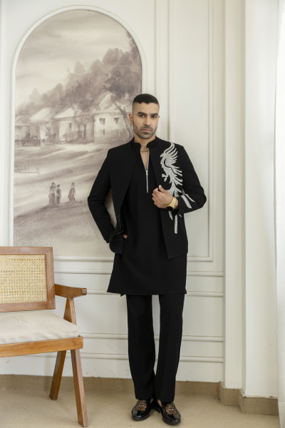 Stone Work Open Bandhgala Jacket In Black