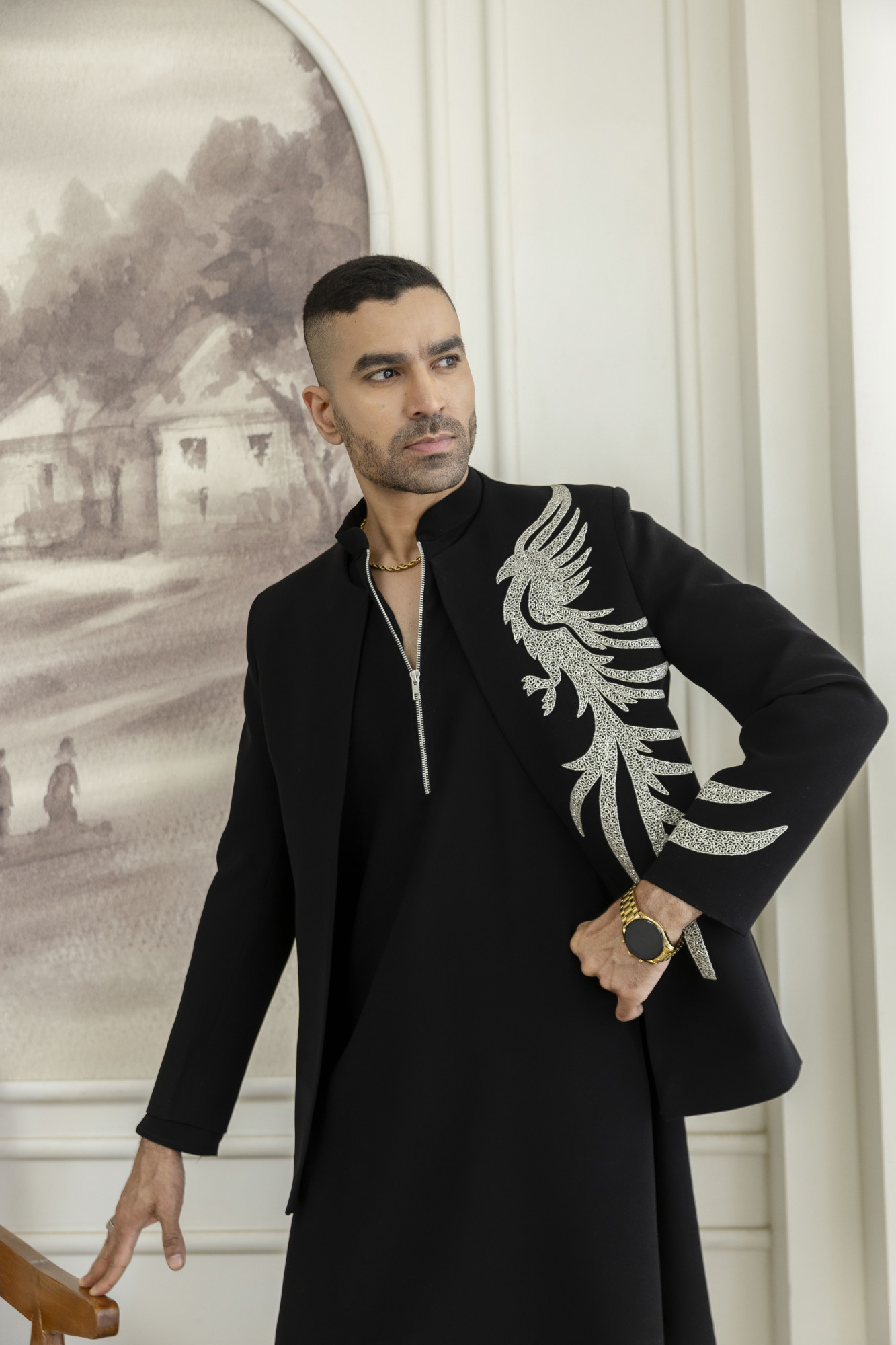 Stone Work Open Bandhgala Jacket In Black