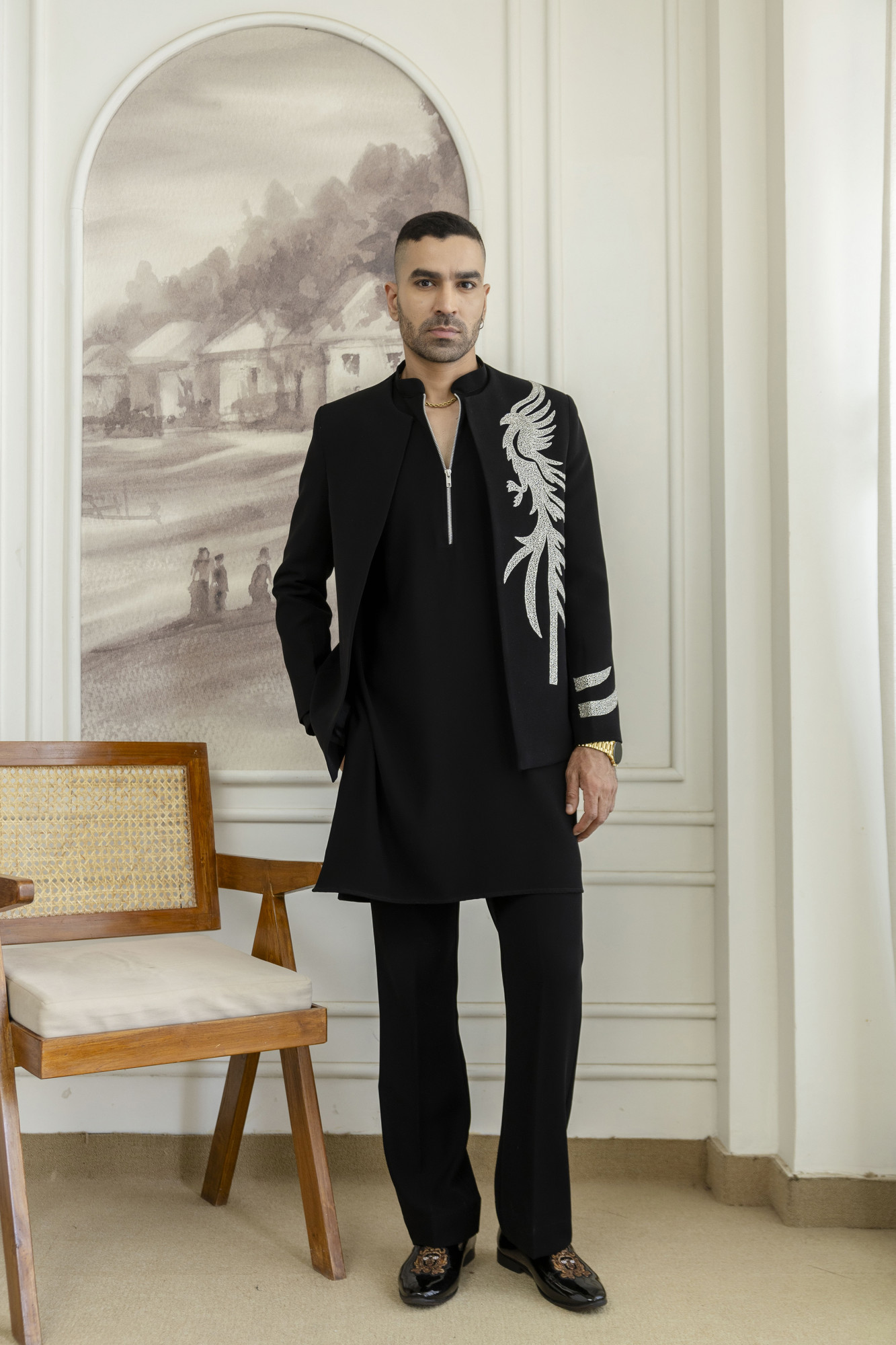 Stone Work Open Bandhgala Jacket In Black