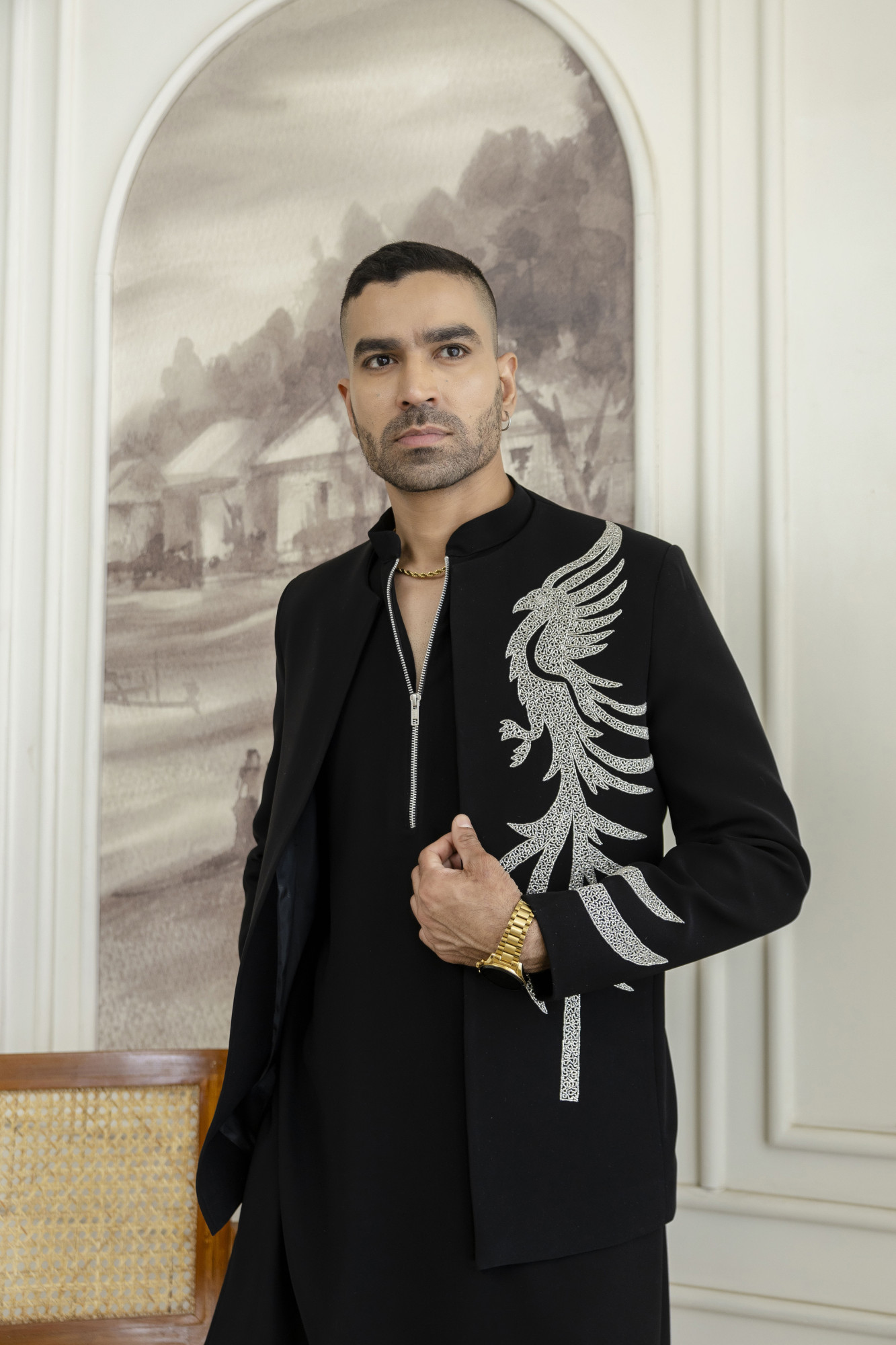Stone Work Open Bandhgala Jacket In Black
