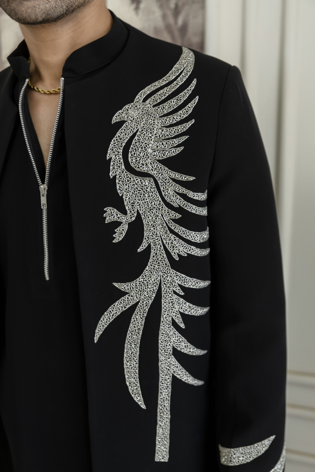 Stone Work Open Bandhgala Jacket In Black