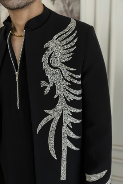 Stone Work Open Bandhgala Jacket In Black
