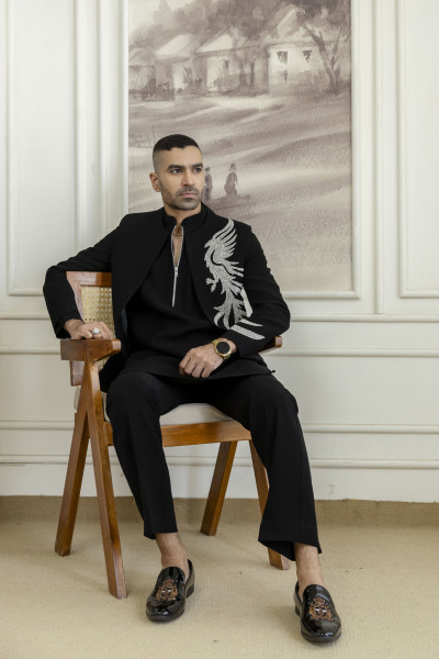 Stone Work Open Bandhgala Jacket In Black