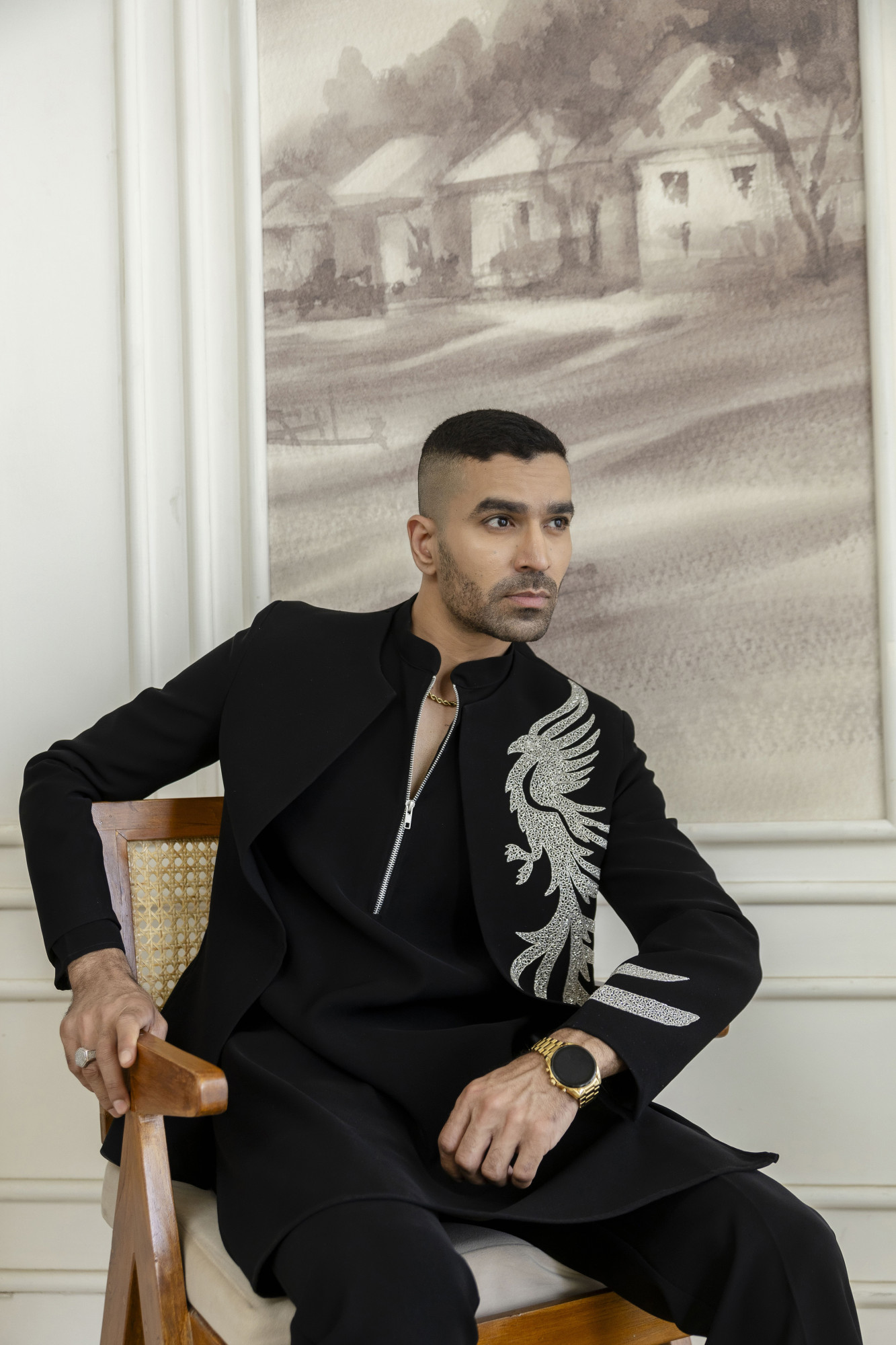 Stone Work Open Bandhgala Jacket In Black
