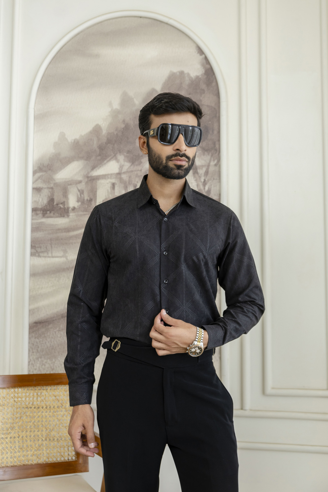Laser Velvet Formal Shirt In Black