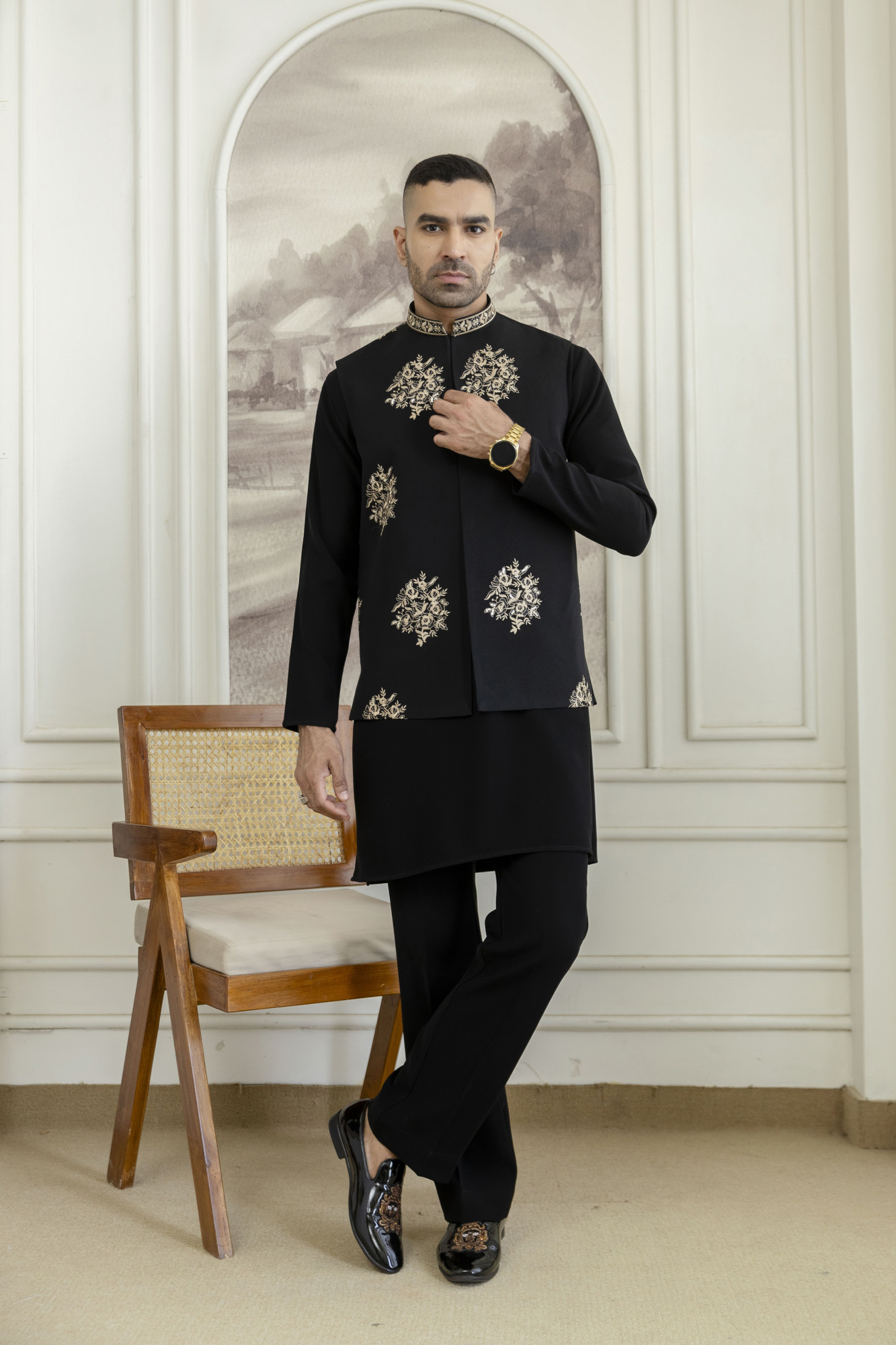 Gold Embroidered Half Jacket In Black Armani