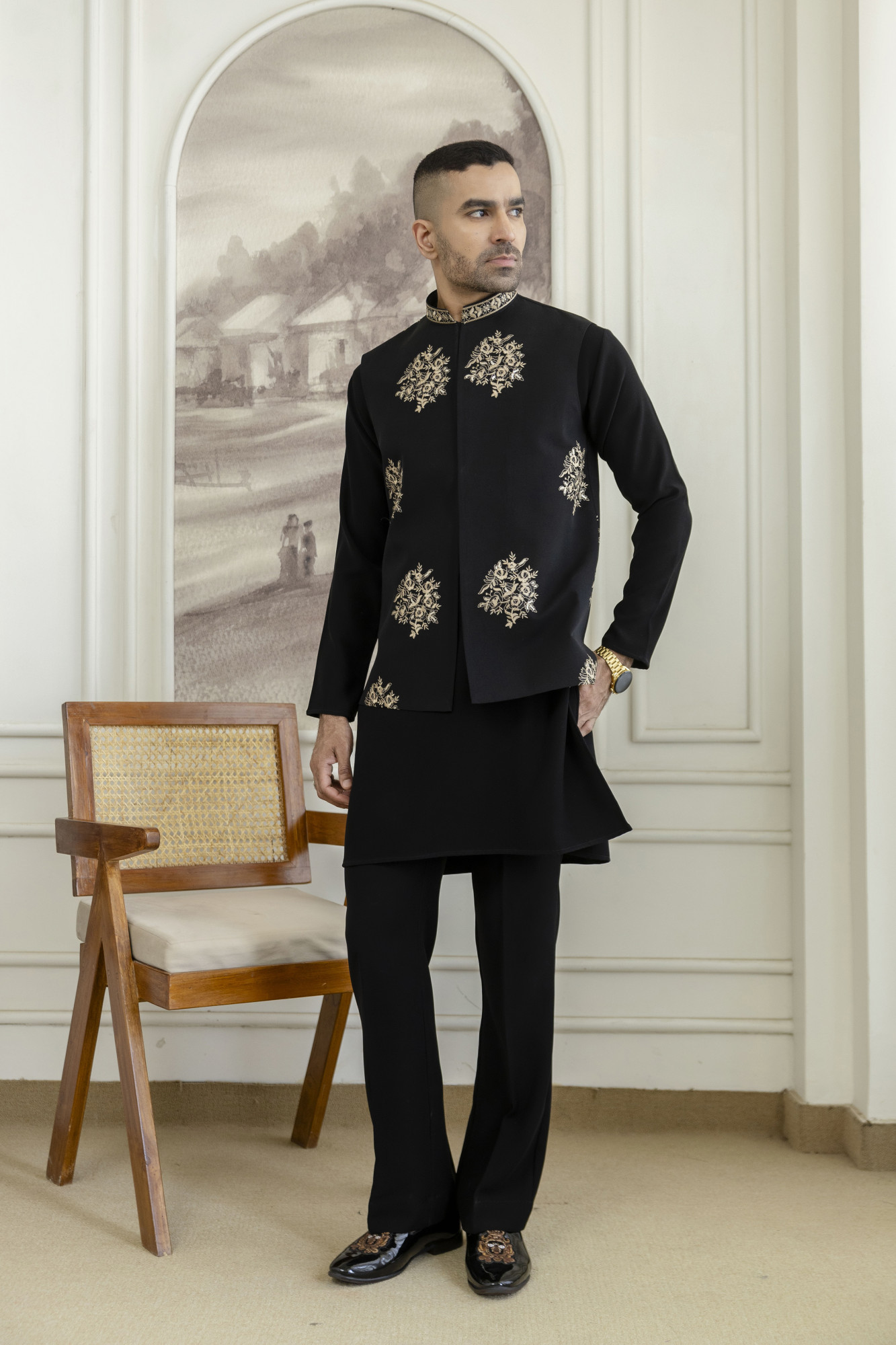 Gold Embroidered Half Jacket In Black Armani